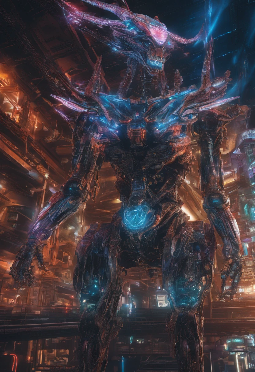Giant Robot Dragon Skeleton floating in space, Glowing Eyes, tiny ships around, it Bioluminescent Glow, (stunning cosmic backdrop), (detailed design), (Microchips), (realistic rendering), (impressive scale and proportions), (futuristic architecture), (attention to scientific accuracy), (intricate mechanical details), (immersive lighting effects), (awe-inspiring sense of vastness), 4k hyper-detail, cinematic sensibility, sharp focus, masterpiece, color, surreal, vivid colors