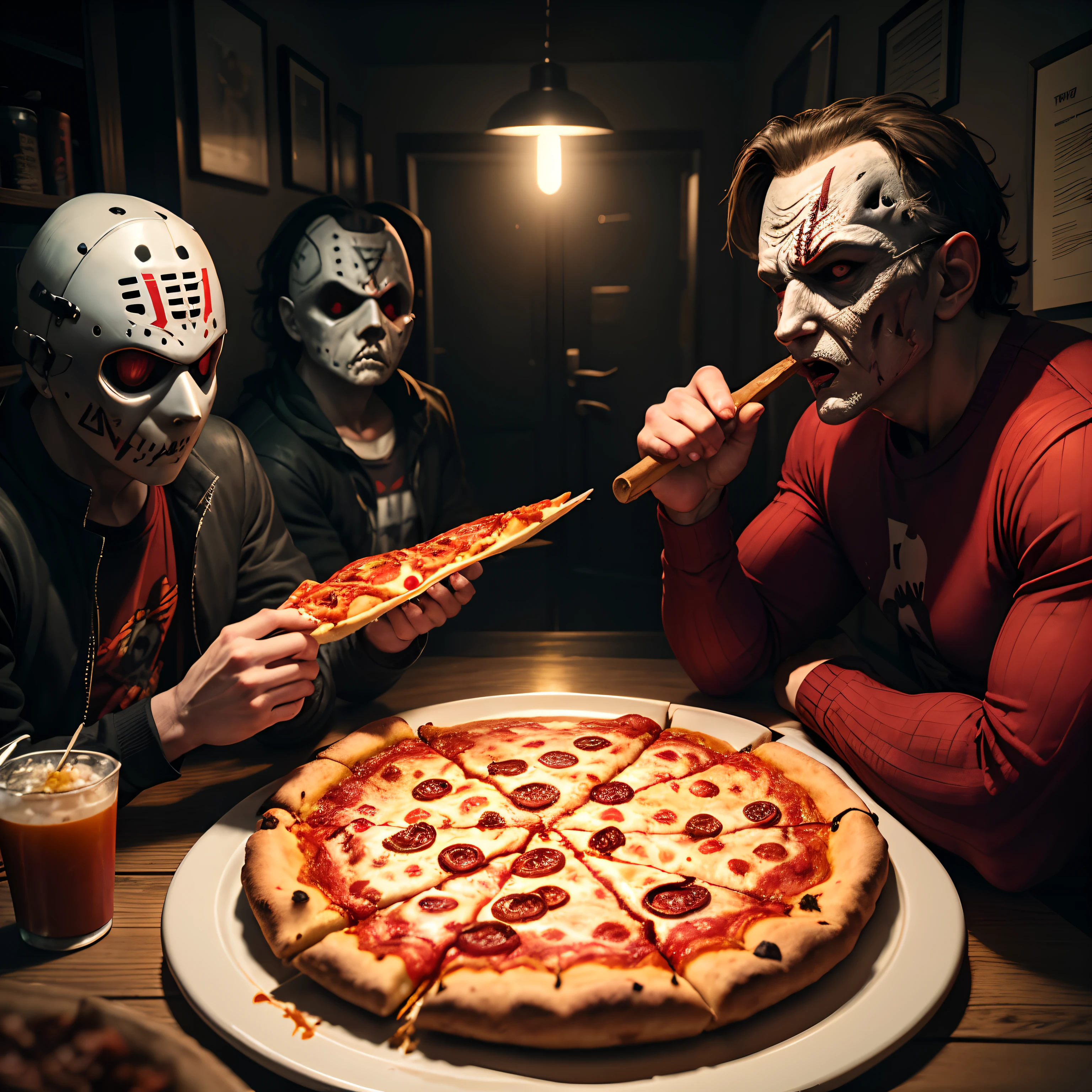 Friday the 13th, Horror movie characters, Freddy Krueger, Michael Myers, Jason Voorhees, pizza, Eating Pizza