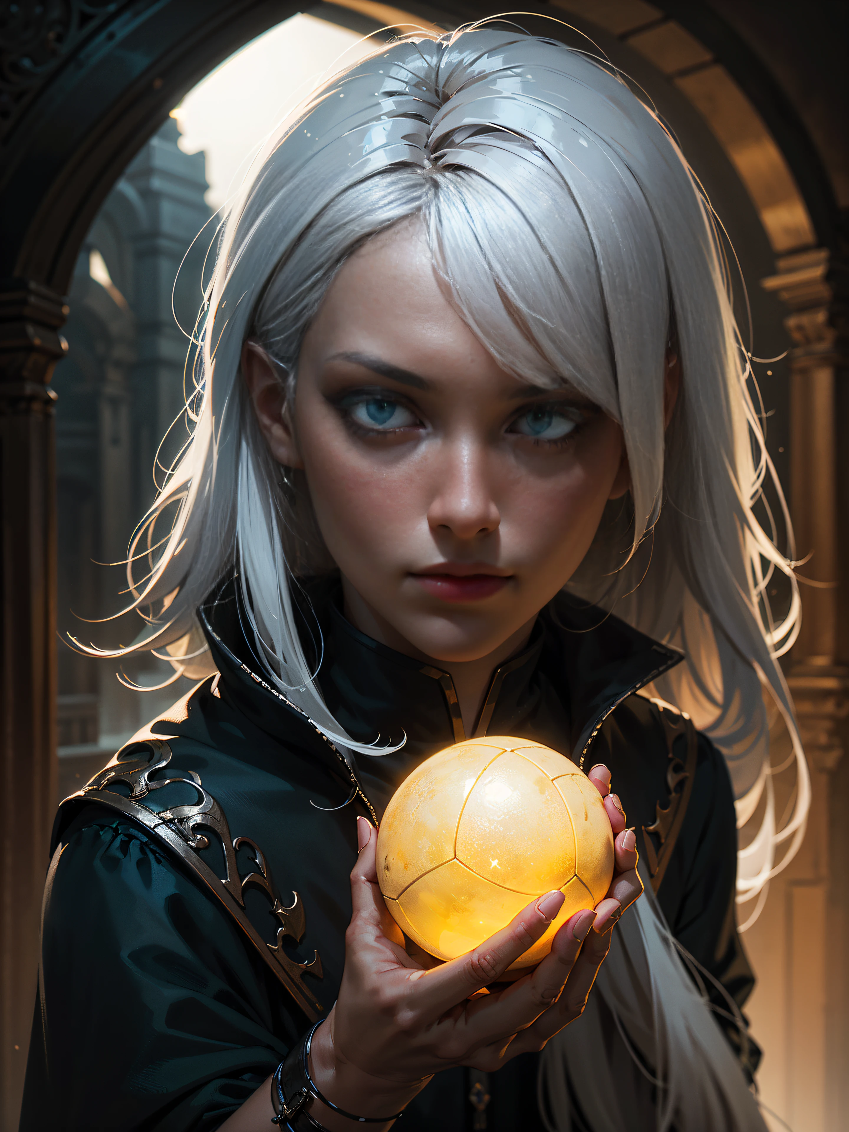 (portraite of a:1.4), 25-year-old girl with white hair, Holding a glowing ball with green light in his hands, Low angle , dark fantasy style art, dark fantasy mixed with realism, gothic fantasy art, outstanding , Photos in RAW and 35mm format, Rich, Deep Colours, (intricate details:0.9), (HDR, hyper-detailing:1.2), (natural skin textures, hyper realisitc, soft light, Sharp),