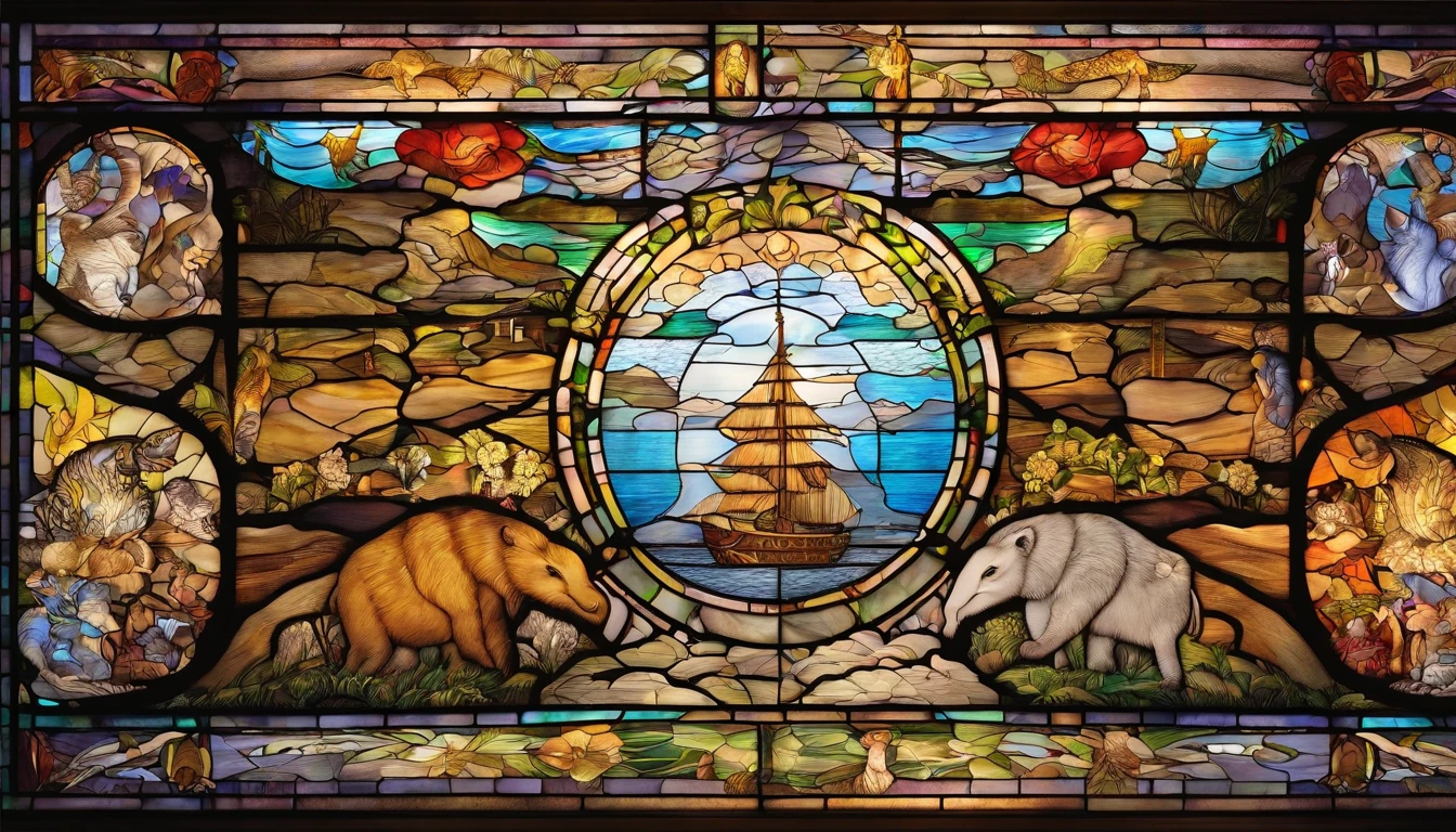 An awe-inspiring stained-glass church window of Noah's Ark, the ark adorned with a multitude of radiant animals, casting a heavenly glow into the sacred space, Stained glass art, masterfully designed with intricate details,