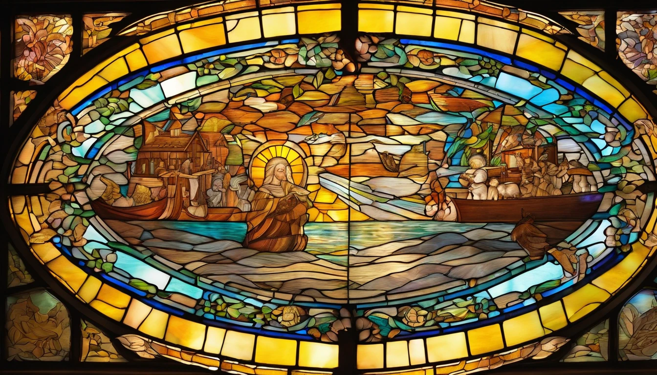 An awe-inspiring stained-glass church window of Noah's Ark, the ark adorned with a multitude of radiant animals, casting a heavenly glow into the sacred space, Stained glass art, masterfully designed with intricate details,