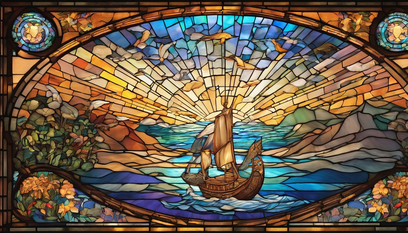 An awe-inspiring stained-glass church window of Noah's Ark, the ark adorned with a multitude of radiant animals, casting a heavenly glow into the sacred space, Stained glass art, masterfully designed with intricate details,