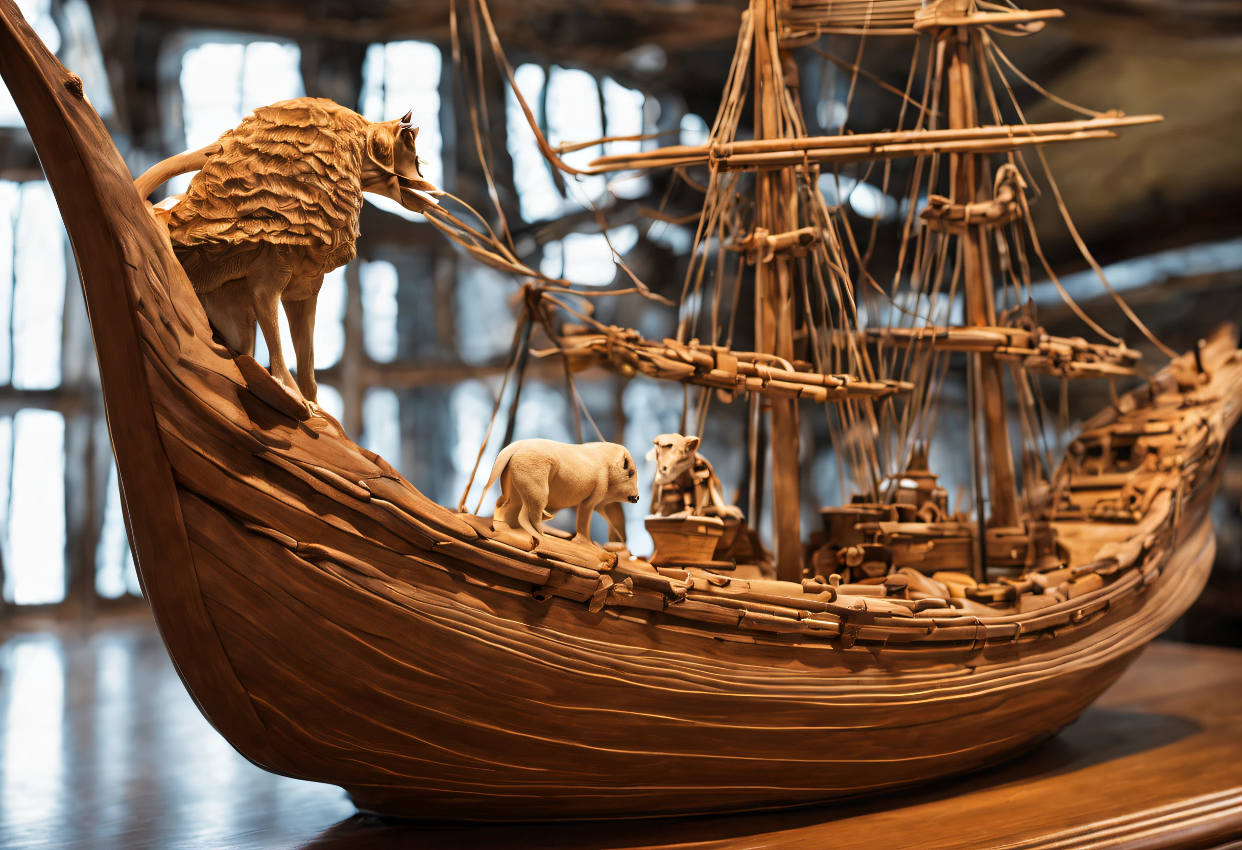 In the hold of a wooden ship, the work depicts a captivating scene with pairs of animals. The ship is depicted as medium detailed, showing the intricate grains of the wood and craftsmanship. The animals are depicted with ultra-detailed realism, emphasizing their unique features and expressions. Image quality is emphasized from the beginning, focusing on the best quality, 4k, 8k, high resolution and masterpiece:1.2. Attention to detail is paramount, with an emphasis on ultra-detailed features, ensuring every aspect of the scene is visually stunning and sharp. The use of HDR and studio lighting further improves the overall image quality. The art style is a mix of portraits and landscapes, capturing the essence of both the animals and the ship. The color palette is vibrant and vivid, bringing the scene to life with a rich and harmonious mix of tones. The lighting is carefully orchestrated, with natural sunlight streaming through the cracks in the ship's wooden planks, casting warm, welcoming shadows. As viewers immerse themselves in the image, they can see several pairs of animals scattered throughout the winery. From majestic lions to graceful gazelles, from playful monkeys to graceful swans, animal pairs create a sense of balance and harmony within the small space. Each pair displays unique interactions and poses that represent the essence of their species. The ship's hold is filled with an ambient atmosphere, as if the animals and the ship have embarked on an extraordinary journey. The aroma of wood and salty sea air lingers, immersing viewers in the scene. The attention to detail transports audiences to a world where they can almost hear the creaking of the ship's timbers and feel the gentle roll of the waves. This image encapsulates a visually striking and emotionally captivating work of art that showcases Noah's Ark, the beauty of the animal kingdom, and the craftsmanship of the wooden ship.