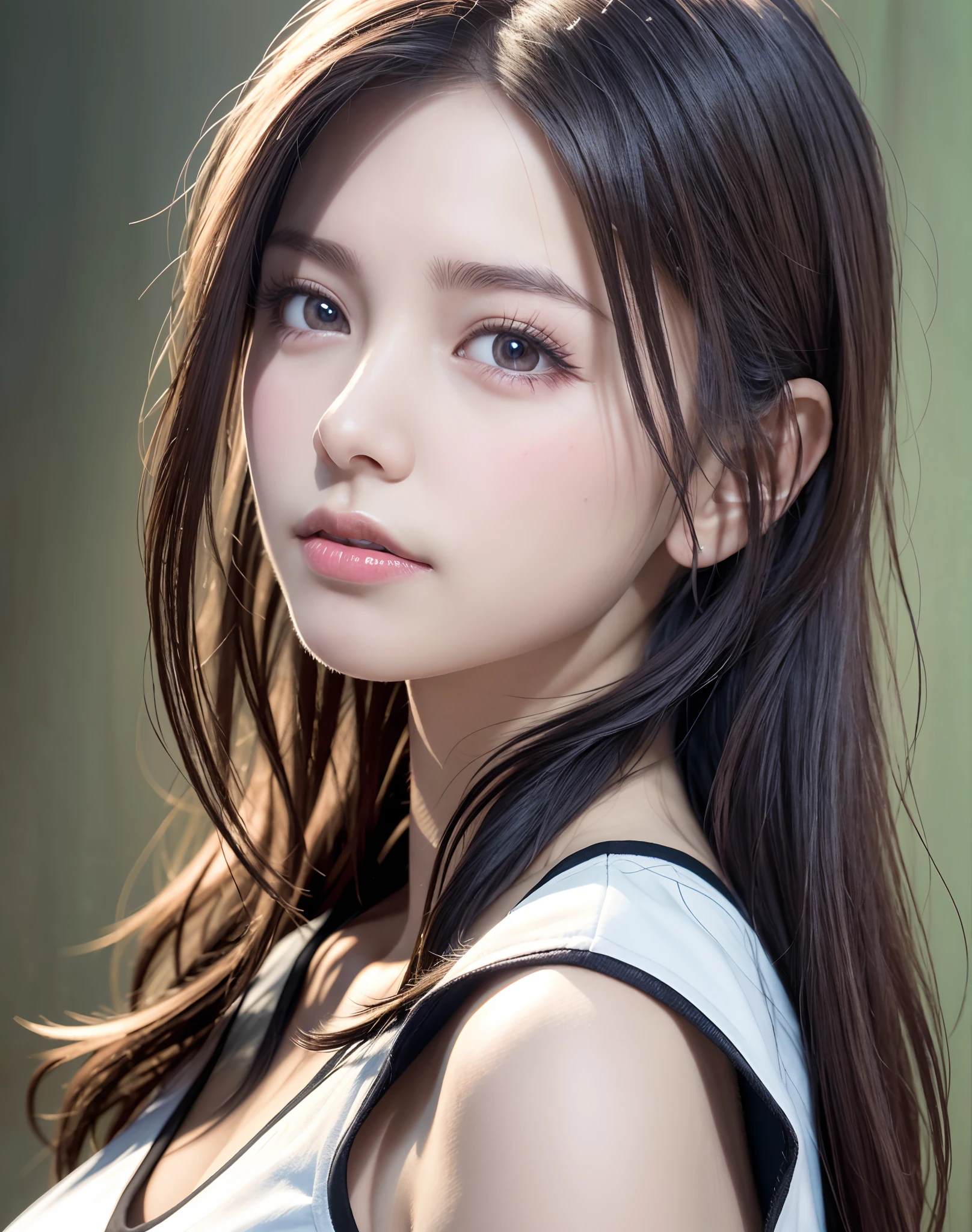 high quality picture, masutepiece, detailed hair texture, Detailed skin texture, Detailed Cloth Texture, 8K, Add fabric details, ultra detailed skin texture, ultra detailed photographic, Skin pores, Portrait of a girl, wearing tank top,