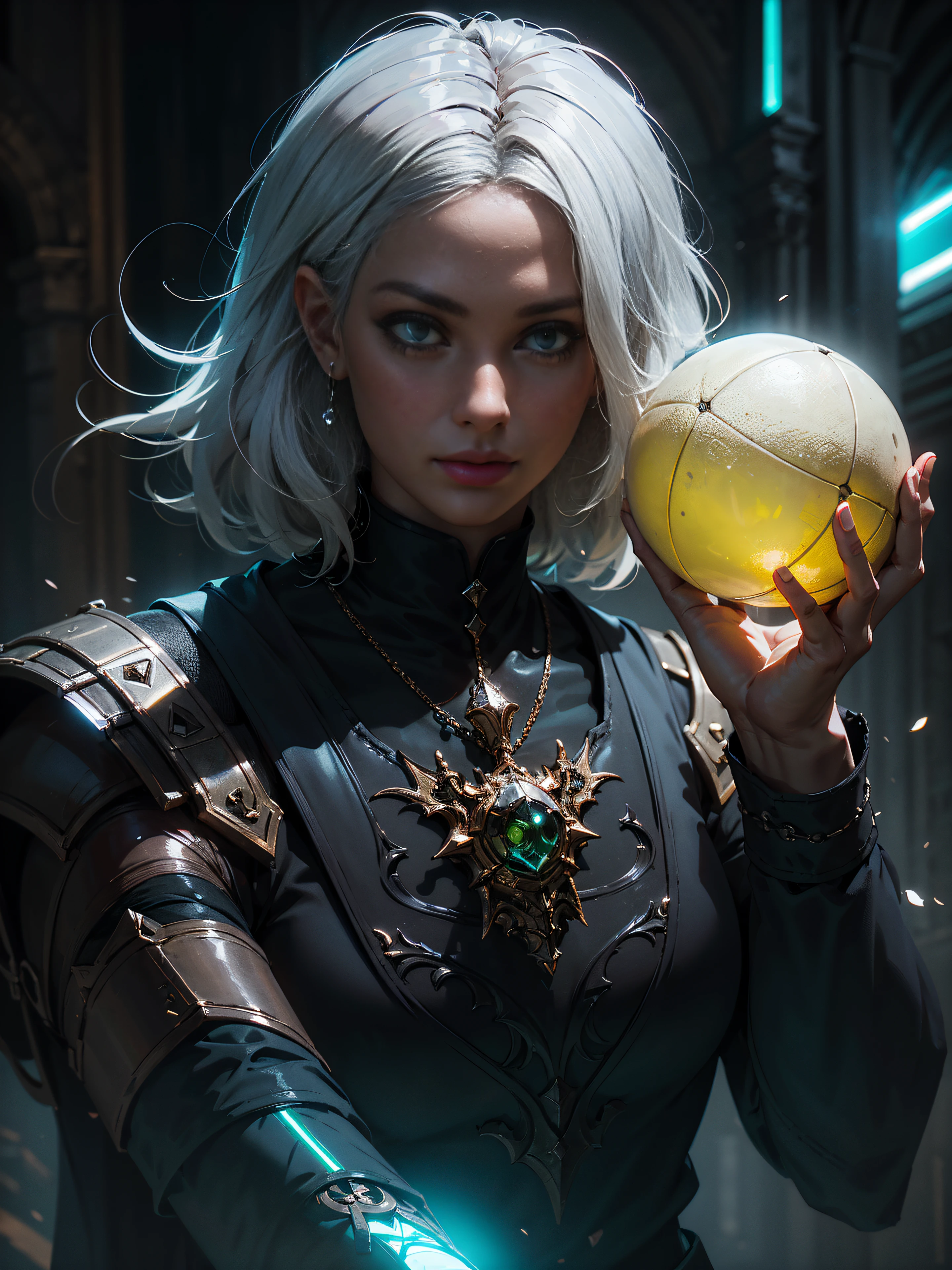 (portraite of a:1.4), 25-year-old girl with white hair, Holding a glowing ball with green light in his hands, Low angle , dark fantasy style art, dark fantasy mixed with realism, gothic fantasy art, outstanding , Photos in RAW and 35mm format, Rich, Deep Colours, (intricate details:0.9), (HDR, hyper-detailing:1.2), (natural skin textures, hyper realisitc, soft light, Sharp),