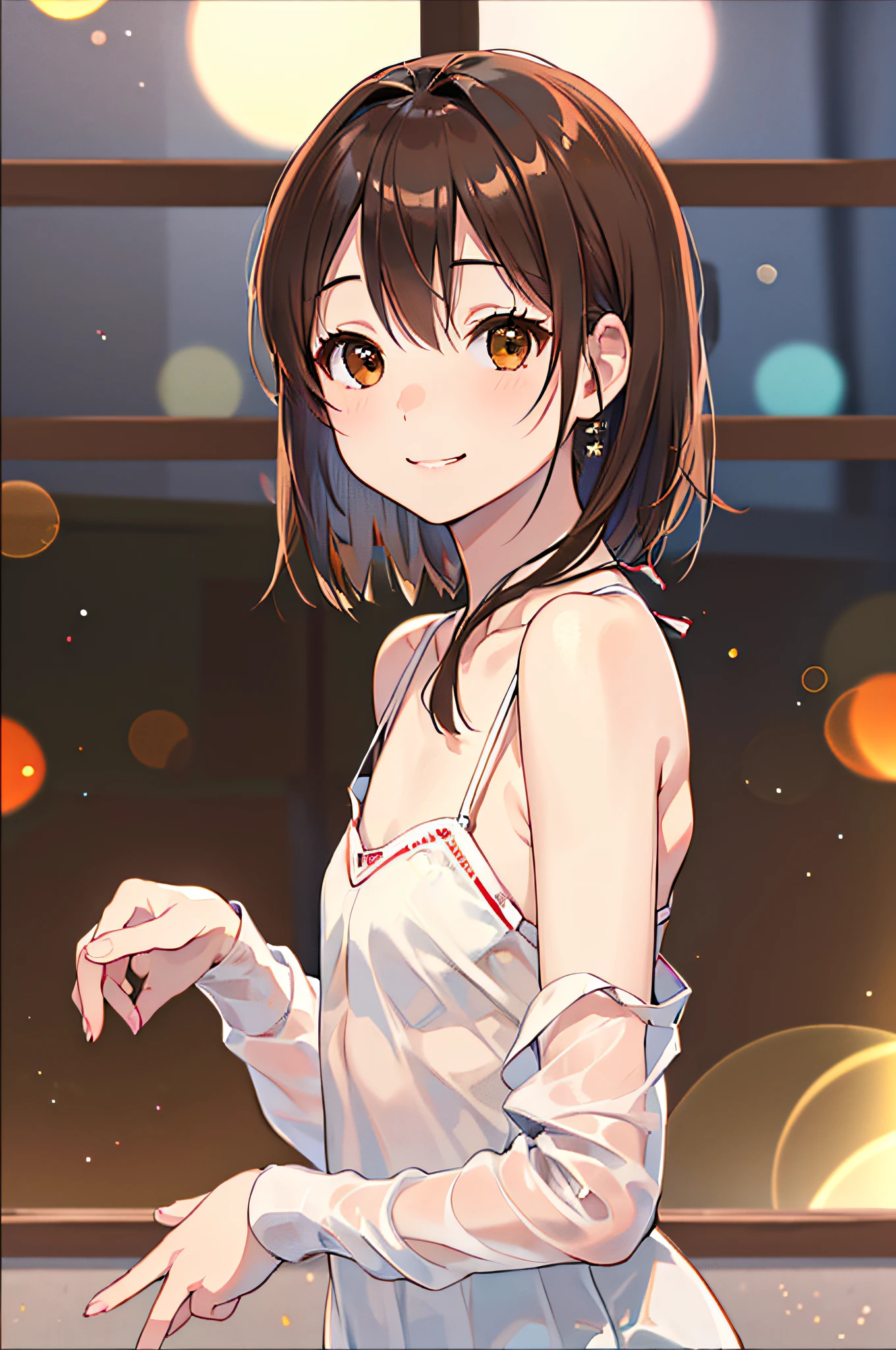 Best Quality, 超A high resolution, (Photorealistic:1.4), Raw photo, (upper thigh, From Side:0.7), (Bokeh:1.5), (in a suite:1.6),window, 1日本人の女の子, Cute, (Solo:1.6), (Shy smile), (Brown eyes), Smooth skin, (Brown medium hair,Bangs),(Small chest),Delicacy, (touch hair:1.4), cheer girl、Stadium