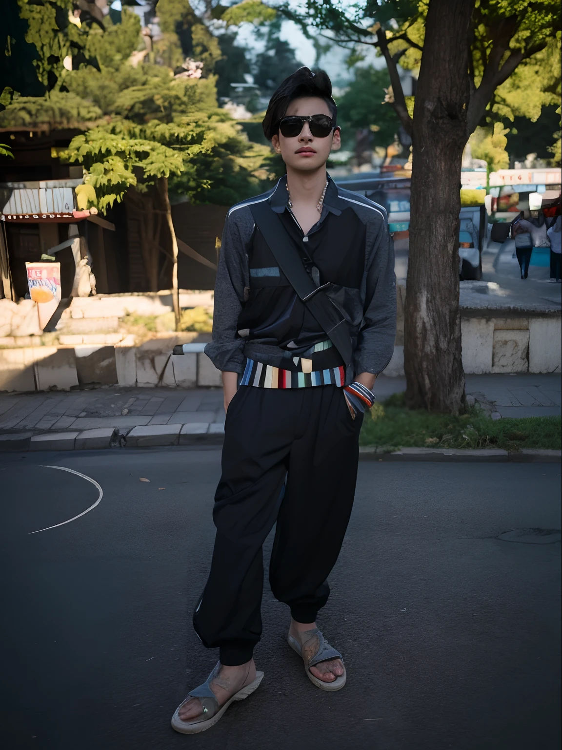 Raw photography, 1boy, Male Focus, Man in black shirt, hair messy, Looking at Viewer, in a street, Beautiful lighting, deepshadow, Best Quality, masutepiece, Ultra-high resolution, Photorealsitic, Blurry background、japanes、30generation