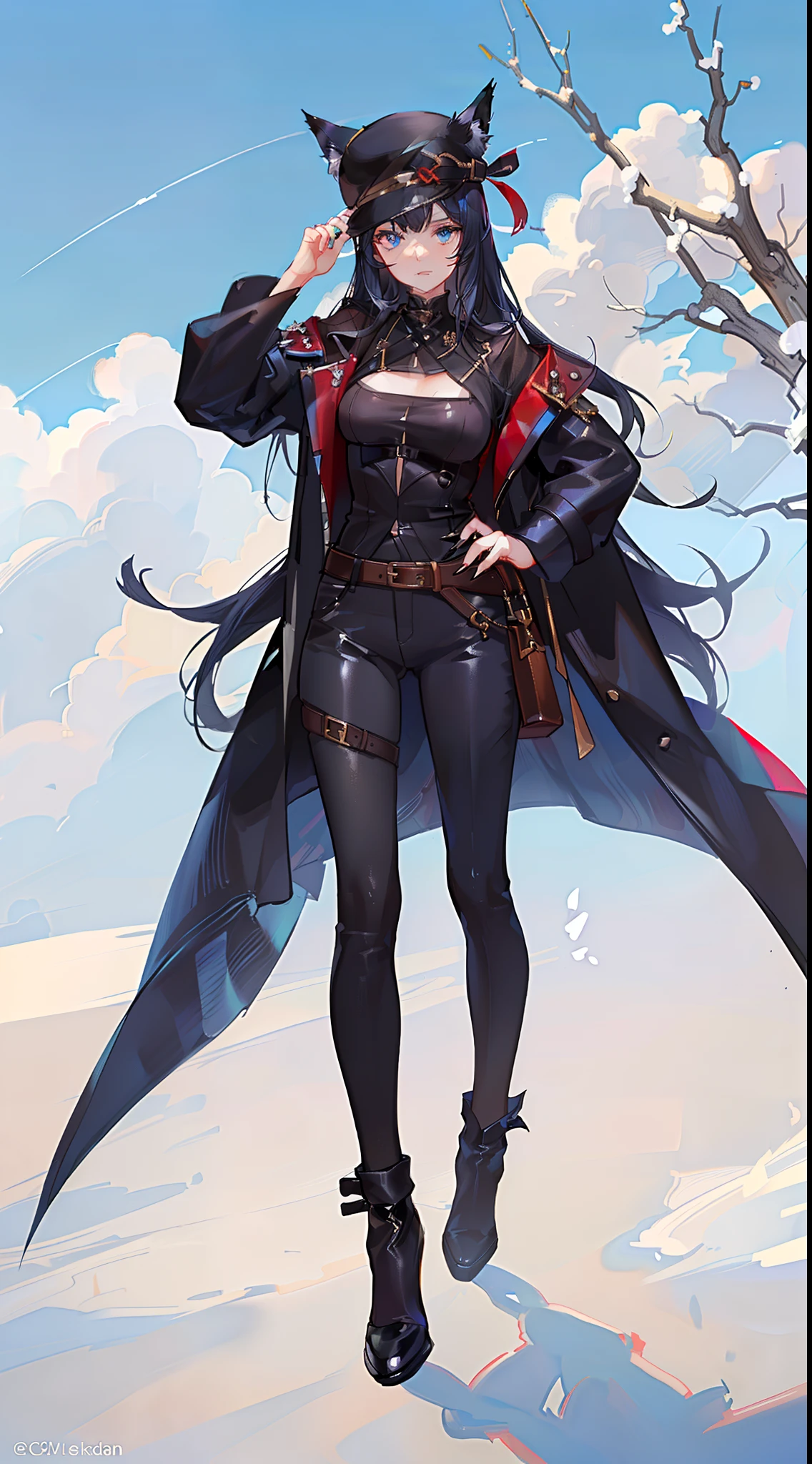 young girl, Long black hair, Fox ears, blue eyes, leather coat, hat, pants, claws, Smoke, Masterpiece, hiquality, 4k, HD, Good detail