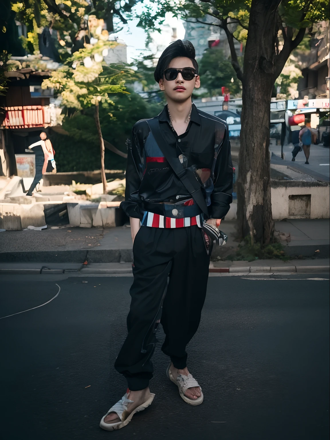 Raw photography, 1boy, Male Focus, Man in black shirt, hair messy, Looking at Viewer, in a street, Beautiful lighting, deepshadow, Best Quality, masutepiece, Ultra-high resolution, Photorealsitic, Blurry background、japanes、30generation