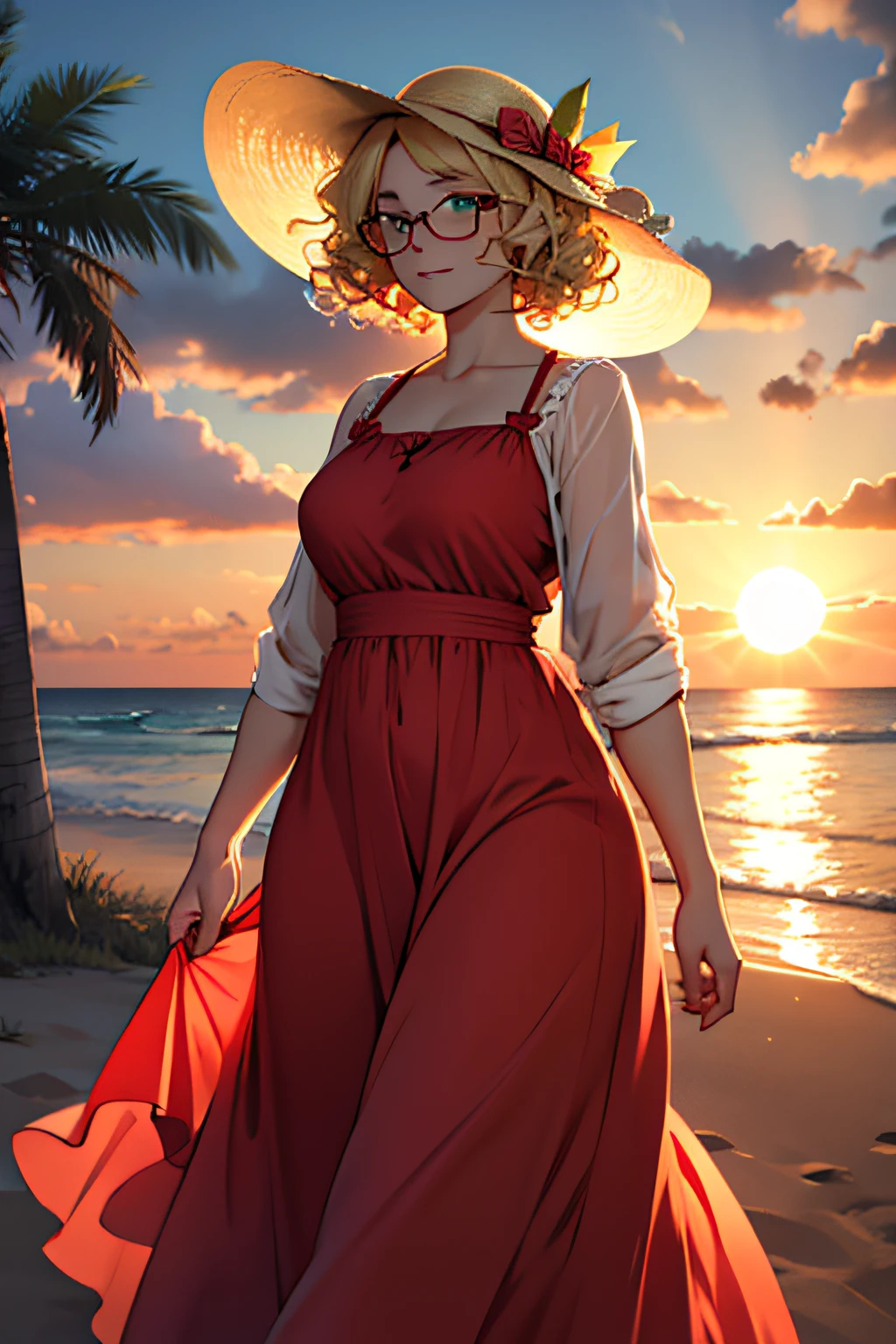 Chubby, Girl, Curly hair, Blond hair, Short hair, Red dress, sunset, Glasses, Green eyes, Sun hat, Long Dress,