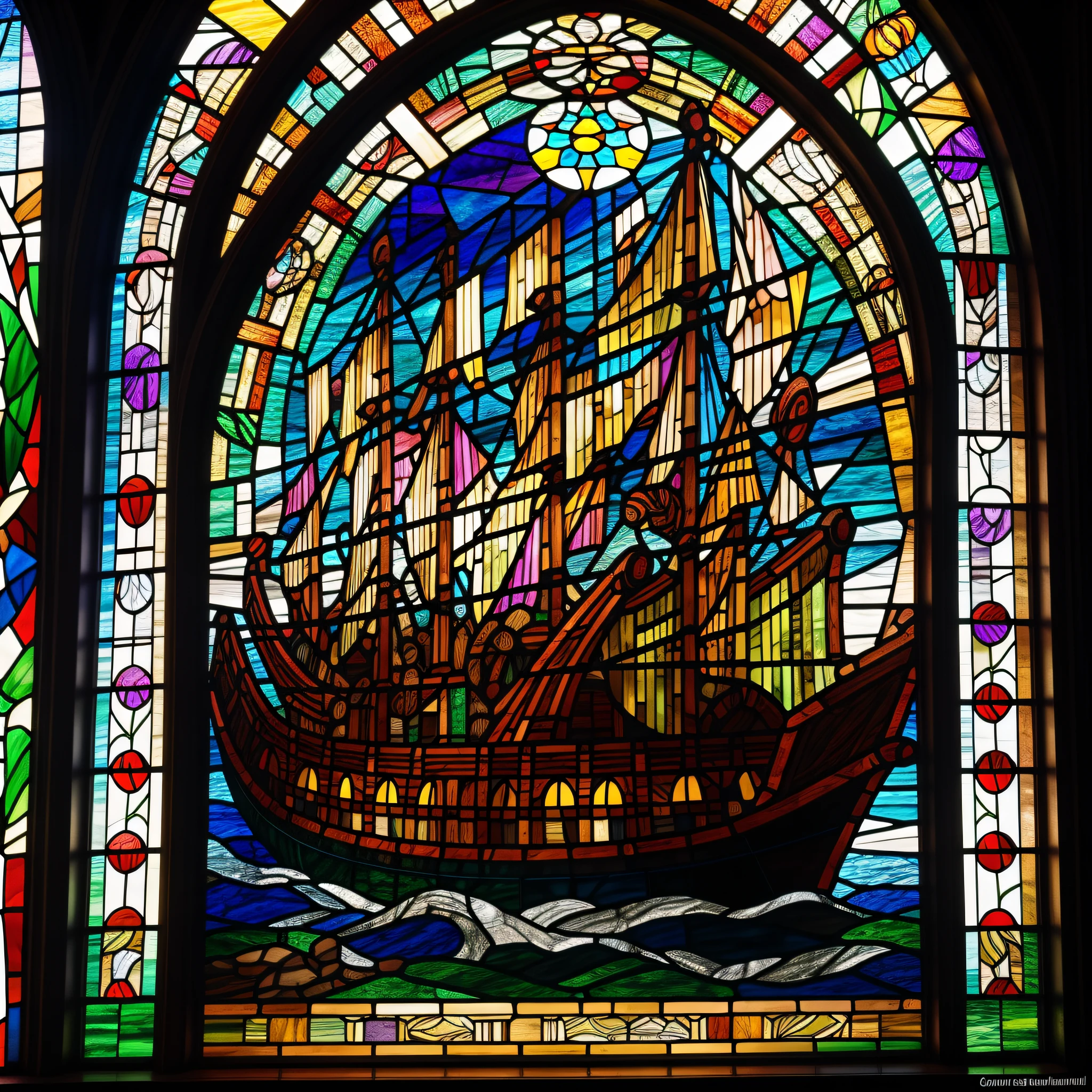 A magnificent stained-glass church window portraying Noah's Ark, the vessel carrying a harmonious collection of animals in a kaleidoscope of colors, with the surrounding aura of spirituality and serenity, Stained glass art, hand-crafted with rich jewel tones