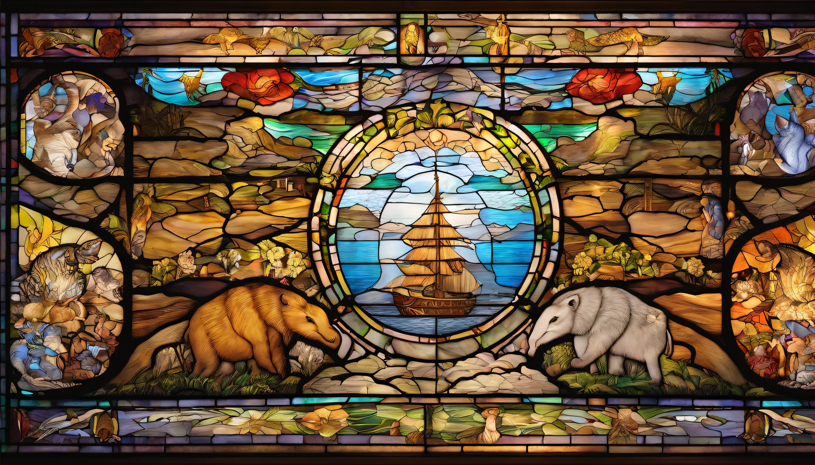 An awe-inspiring stained-glass church window of Noah's Ark, the ark adorned with a multitude of radiant animals, casting a heavenly glow into the sacred space, Stained glass art, masterfully designed with intricate details,
