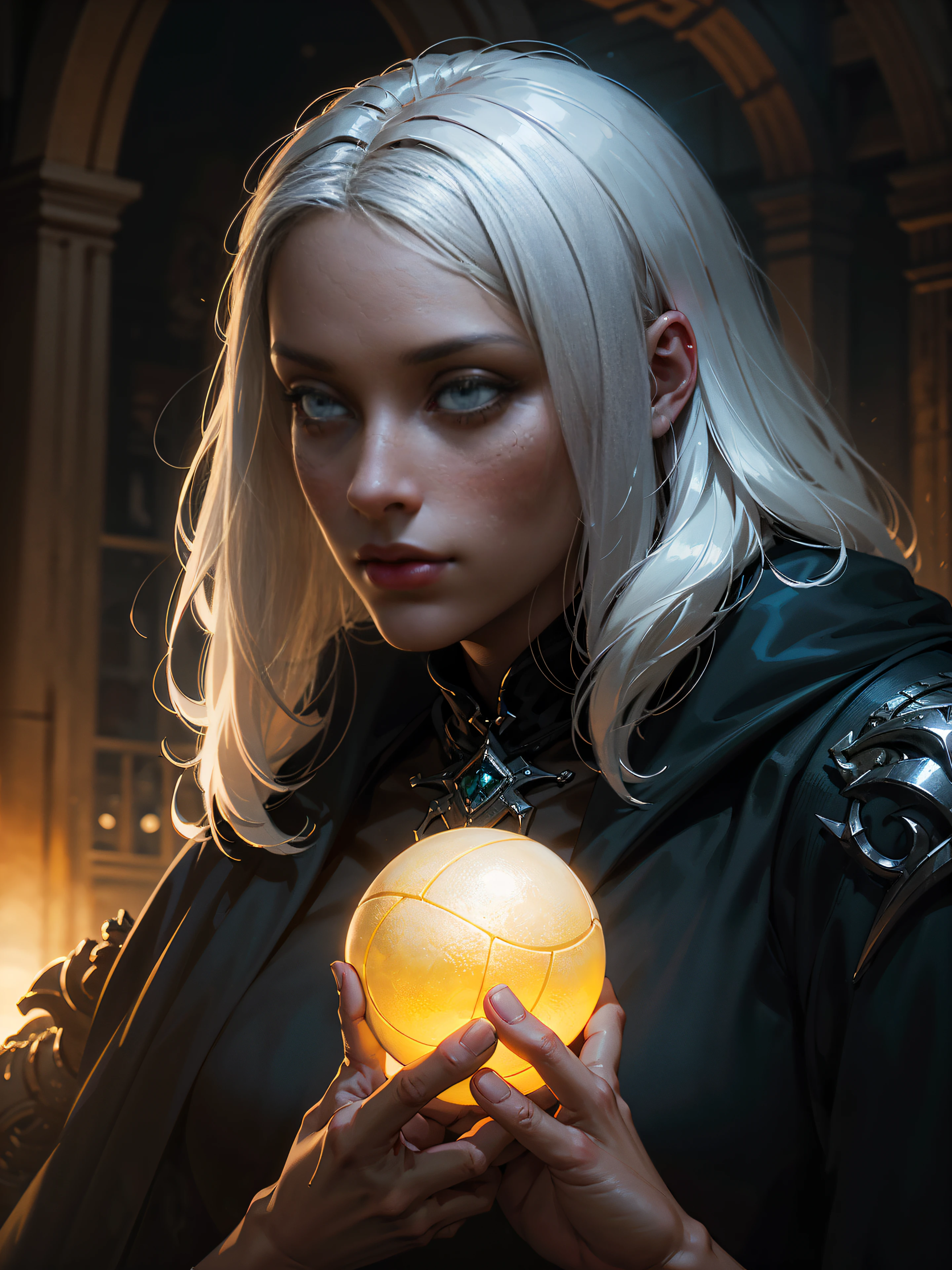(portraite of a:1.4), 25-year-old girl with white hair, Holding a glowing ball with green light in his hands, Low angle , dark fantasy style art, dark fantasy mixed with realism, gothic fantasy art, outstanding , Photos in RAW and 35mm format, Rich, Deep Colours, (intricate details:0.9), (HDR, hyper-detailing:1.2), (natural skin textures, hyper realisitc, soft light, Sharp),