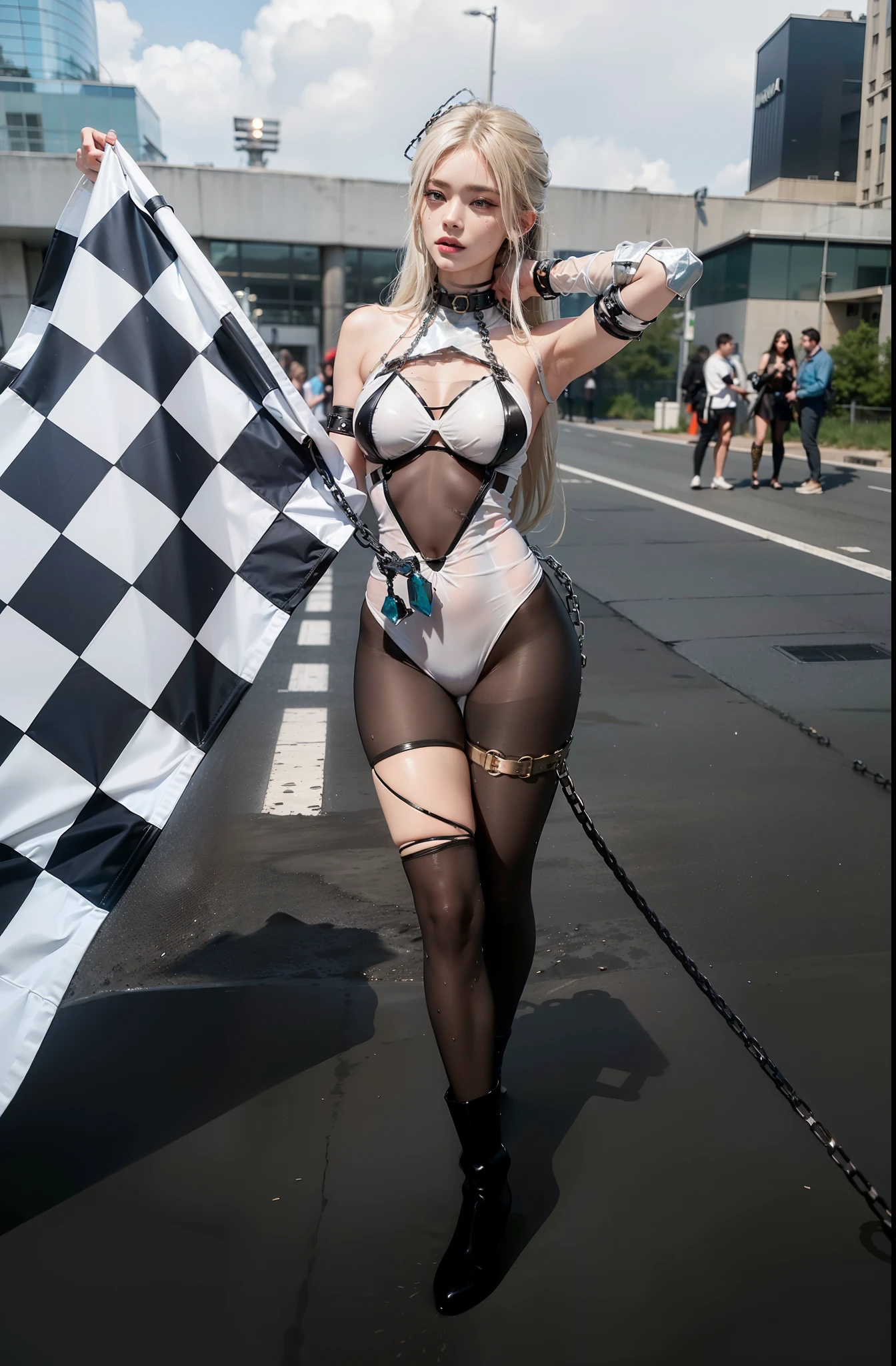 ,((Wearing a torn sheer costume of a superheroine)),(, No bra)), Wet crotch, Wet thighs, Beautiful girl with accentuated slender abs: 1.4, (((nipple tips protruding, areola is protruding, The shape of the pubic region is clearly visible)), sixpack abs: 1.4, Bust Botox, Photo, Sharpness, Unique 850 4, Koda850 k portrait camera, F1.6 shots, Ultra-realistic textures, Spectacular light textures, Cinestil 800 Fashion Mechanics, (futuristic sci-fi battle fashion: 1.1), (tied perfectly by chain), Restraint, Slaves, collars, ((wide prison with sunlight)), Dark fantasy, Realistic material details, extreme hight detail, Ultra-realistic materials ((Torn costume))), Wet, Cloudy, (Chained)), ((big emphasized by chains)), ((chains digging into crotch)), ( (Collar)), (, No bra), shredded costumes, broken golden shields and battle spears,, White combat gloves, Combat shoulder armor, Blood splattered on the face, Blood splattered, Realistic, (Bruises, Dirty, ripped clothing, skimpy clothing, Blood: 1.3), Torn Cape, Torn pantyhose, Long legs, ((iron pipe in the crotch)), Metallic shackles and fetters, ((chains hung from heaven)), Wet crotch is clearly visible, Swarovski's sword and the anatomy beneath his feet, (futuristic sci-fi battle fashion, Torn mesh stockings),
