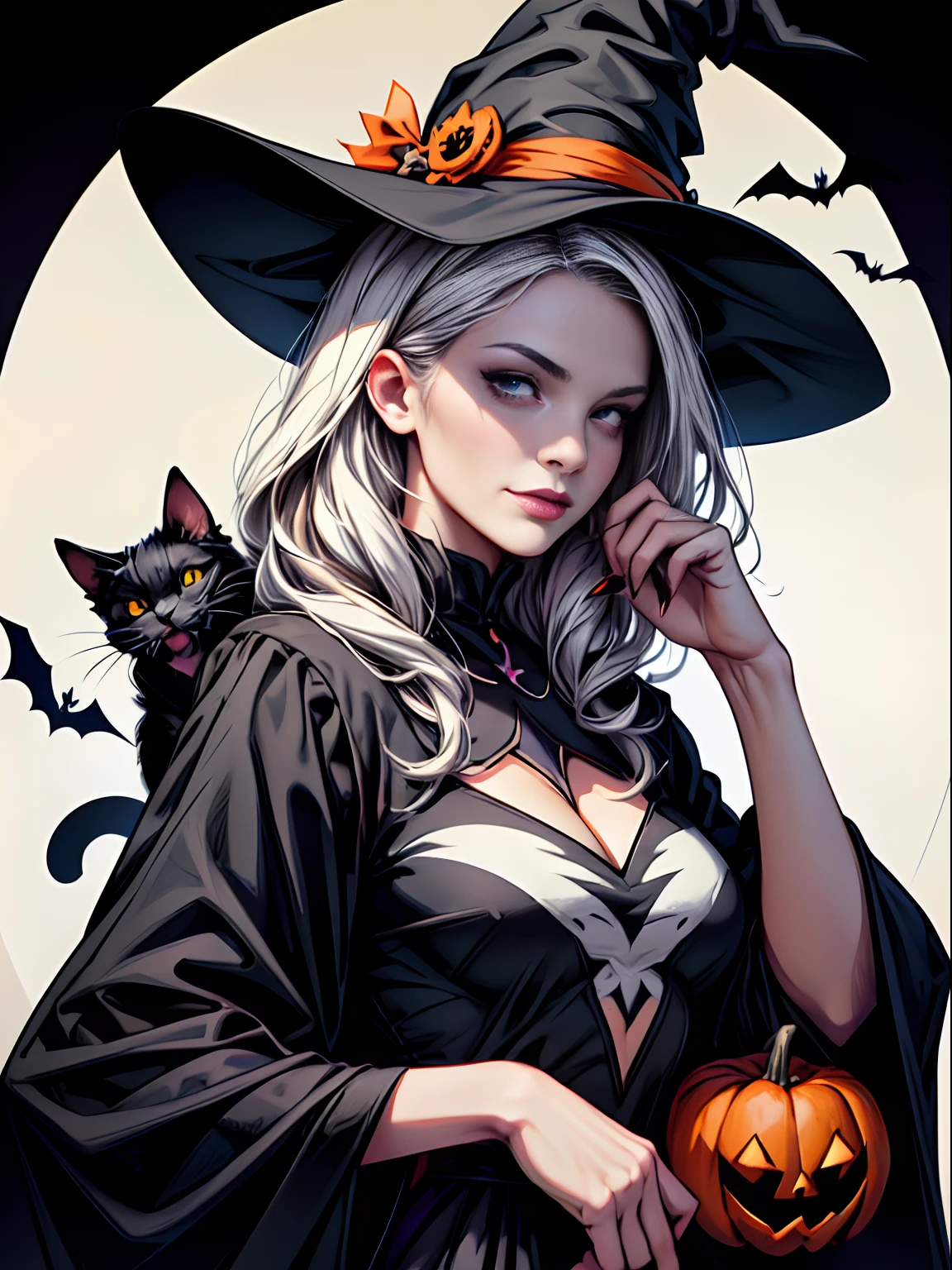 High quality design vector style image, t-shirt print style, graphic art white background of a Halloween style witch, bright and realistic colors, old style witch with a pointy hat, nose with a wart and a black cat at her side, fantasy style scenery halloween