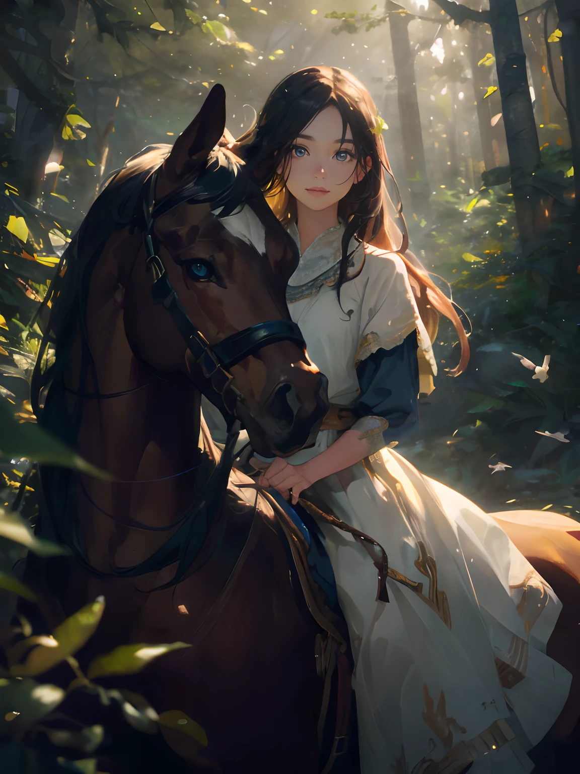 best quality,ultra-detailed,realistic,highres,sharp focus,professional,studio lighting,HDR,(vibrant colors,vivid colors),(bokeh,soft focus) 1girl,beautiful detailed eyes,beautiful detailed lips,detailed face,long eyelashes a girl riding a horse in a forest oil painting texture,photo-realistic rendering sunlight filtering through the trees, creating a warm and magical atmosphere lush greenery and colorful wildflowers surrounding the girl and the horse the horse is strong and majestic, with a glossy coat and flowing mane the girl is wearing a flowing dress that matches the colors of the nature around her her eyes are filled with joy and excitement as she rides through the forest the sounds of birds chirping and leaves rustling in the wind can be heard in the background the forest is filled with tall, ancient trees that create a sense of tranquility and mystery the sunlight dapples the forest floor, creating beautiful patterns of light and shadow the girl and the horse form a strong bond, as they explore the enchanting forest together the girl's golden hair flows in the wind as she holds onto the horse's reins the scene is captured in a moment of pure bliss and harmony with nature the painting portrays the innocence, beauty, and freedom of childhood intertwined with the magnificence of nature.