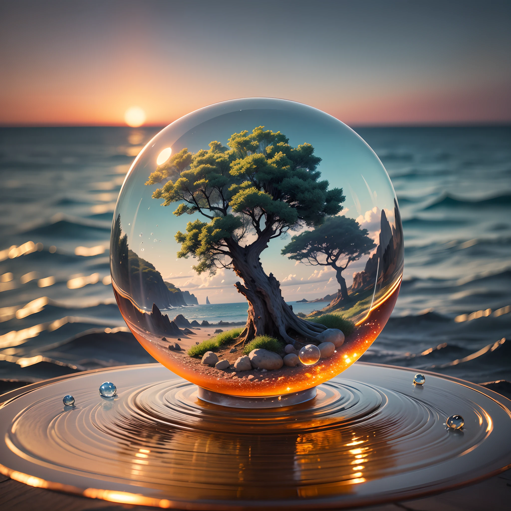 A glass sphere on a table with a colorful beautiful tree inside, water drops on the sphere, a big ocean behind the sphere, realistic photography, ultra hd clear, ultra realistic, ultra sharpness, ultra details, masterpiece, 8k.` --auto --s2