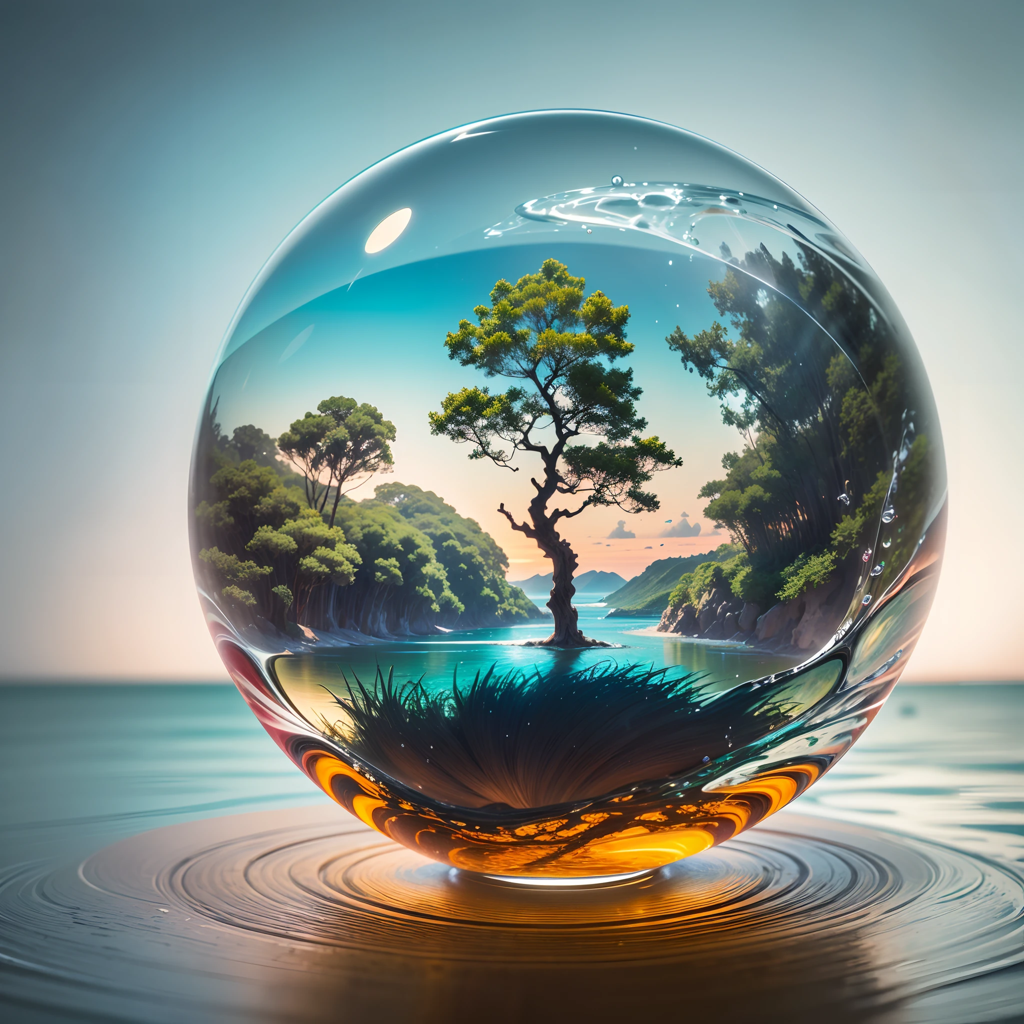 A glass sphere on a table with a colorful beautiful tree inside, water drops on the sphere, a big ocean behind the sphere, realistic photography, ultra hd clear, ultra realistic, ultra sharpness, ultra details, masterpiece, 8k.` --auto --s2