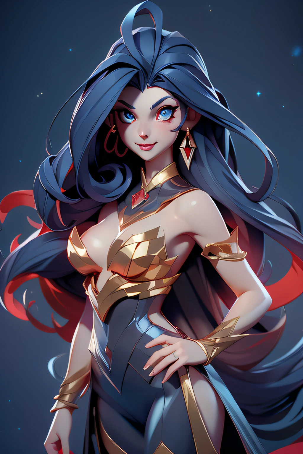 gorgeous vampire girl, with sparkling blue glowing eyes, red long hair, perfect small breasts, slim waist, voluptuous hips, fantasy, film grain, UHD, masterpiece, anatomically correct, super detail, best quality