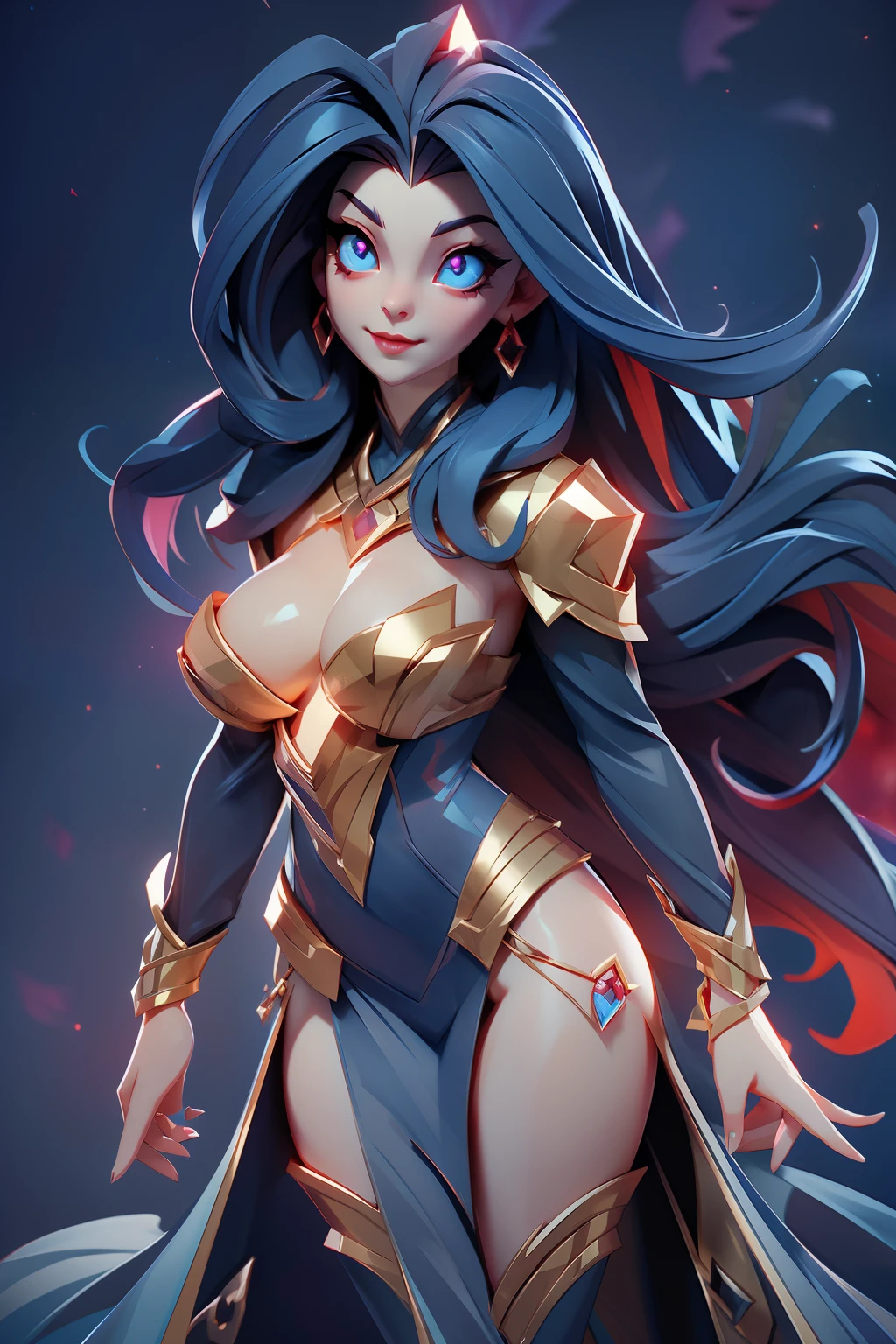 gorgeous vampire girl, with sparkling blue glowing eyes, red long hair, perfect small breasts, slim waist, voluptuous hips, fantasy, film grain, UHD, masterpiece, anatomically correct, super detail, best quality