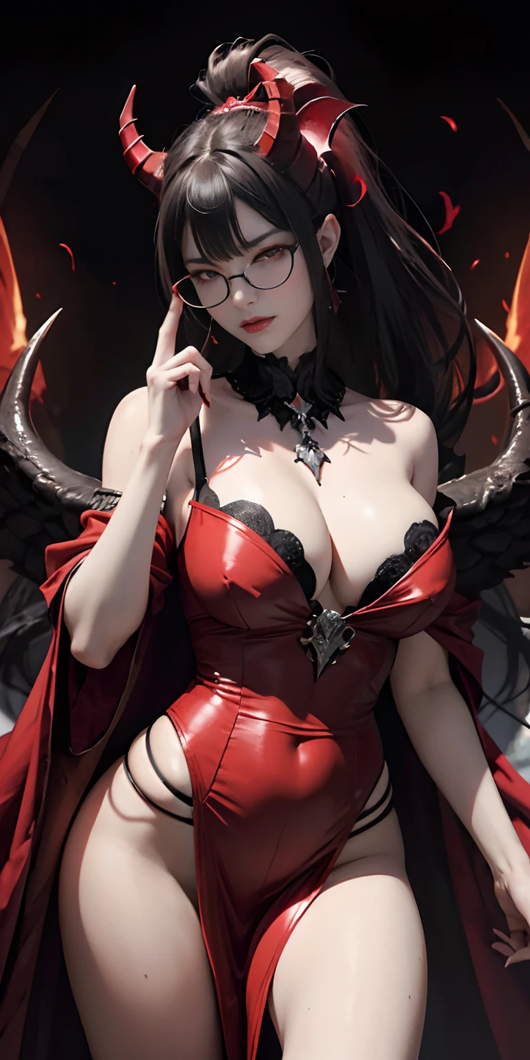 Fine、(The best illustrations)、8k UHD resolution、intricate-detail、top-quality、realisitic、ultra-detailliert、The best lighting、Best Shadows、Soft lighting、Ulutra HD、Dungeon and Dragon、caves、Dungeon、 magia、tentaculata、A Necromancer、natta、Dark style、Succubus、Devil's Daughter、Bat Wings,(((Demon Horns)))、((((black-rimmed round glasses))))、(((Colossal tits)))、(Devil's Tail)、(red eyes glowing:1.6)、masterpiece、beautiful countenance、Tindall Effect、photos realistic、(High Detail Skins:1.2)、8KUHD、Digital SLR、hightquality、a picture、hight resolution、 absurderes、Ponytail distortion、best ratio four finger and one thumb、1人、hair adornments、Red sparkling gemstone necklace、jewely、Beautiful expression、Body Up、Large breasts emphasis、Toned waist、Wide buttocks、Tindall Effect、Photorealsitic、(High Detail Skins:1.2)、In the Dark, lowkey, cowboy lens, (red phoenix dress: 1.0), Long hair, Black hair, Bust, Devil's Palace, devil crown, red eyes make up very sharp and detailed, The most beautiful face, Super tight breasts, Breast augmentation surgery, The breasts are very big and round and round, Black Magic Costume、Super realistic , Charming smile, The eyes are very well made up, ((Red Eye:1.0)), guweiz, devil style, wearing black mesh socks, Ponytail with a bow tied at the back of the hair, plump beautiful red lips, wearing a thin red and black robe, Hands pull the straps to expose sexy breasts, the landscape is overcast and thunderous, Beautiful female demon portrait, Protagonist Close-up, (Detailed spooky backgrounds:0.8), nffsw, nffsw, The 8k quality, detailed pixel, Meet beautiful girls, Look at the girl's body,