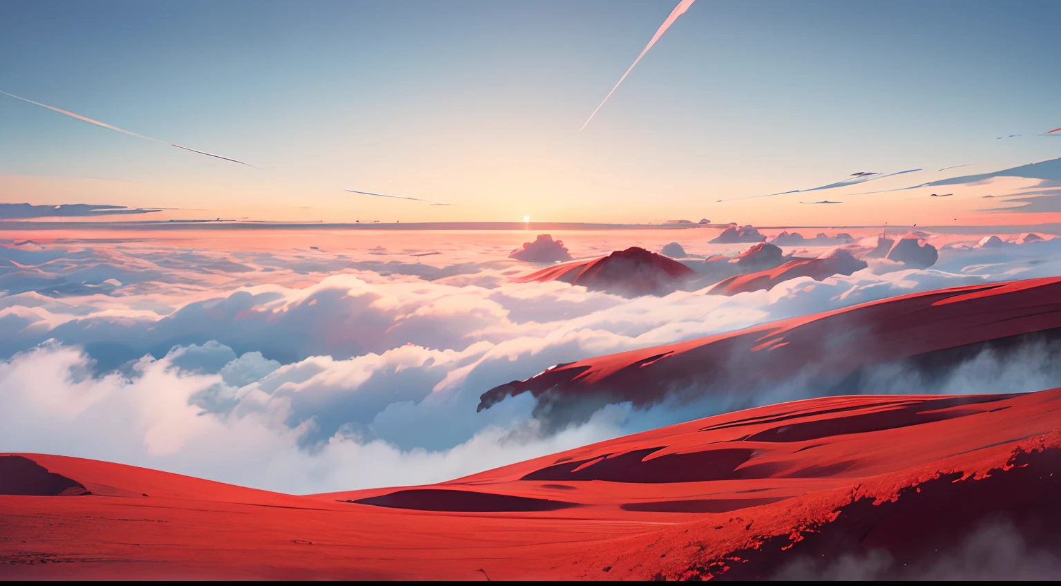 Huge red landscape，Singular clouds，white ocean，The fog is mysterious