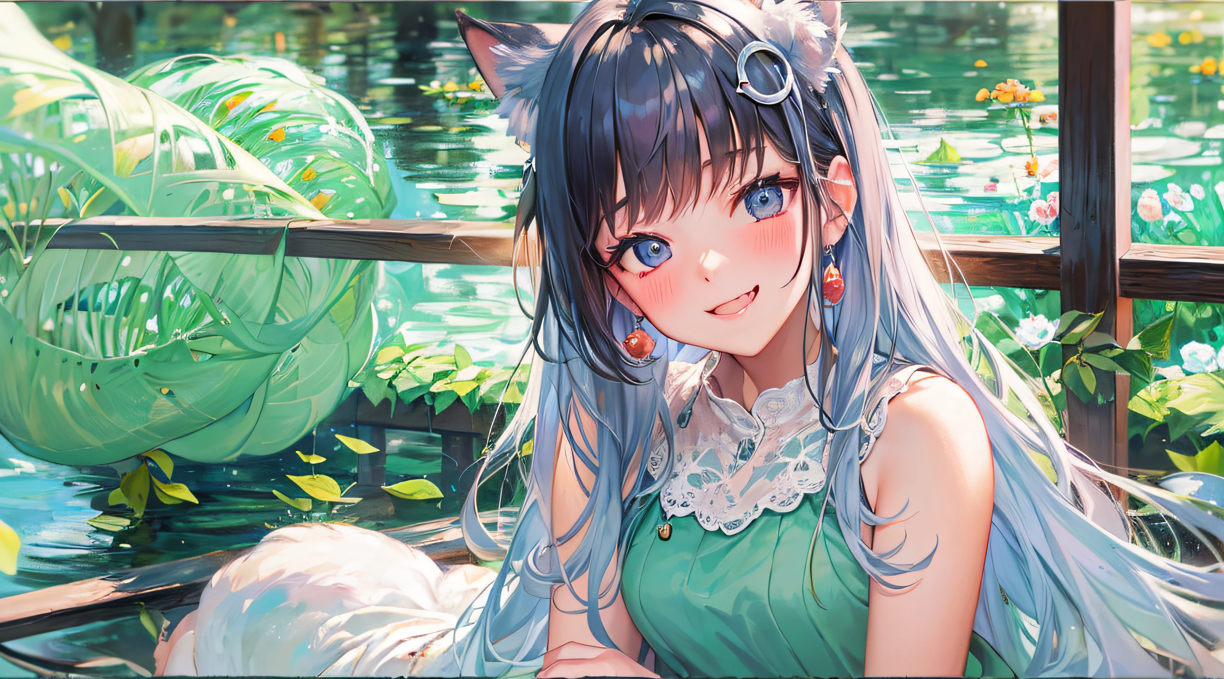Black hair, hair bobbles, wince, long eyelasher, solid circle eyes, Fake animal ears, Light smile, Ear blush, Fang, surrealism, shadowing, anaglyph, stereograms, tachi-e, angle of view, Atmospheric perspective, Monet, Monet, 8K, Super detail, ccurate, Best quality, A high resolution, In the small cluck, Quiet park,A young woman sits on a bench reading a book。She wore a light blue dress,Long hair casually draped over the shoulders。The sun shone on her through the gaps between the leaves,Make her look more beautiful and moving。