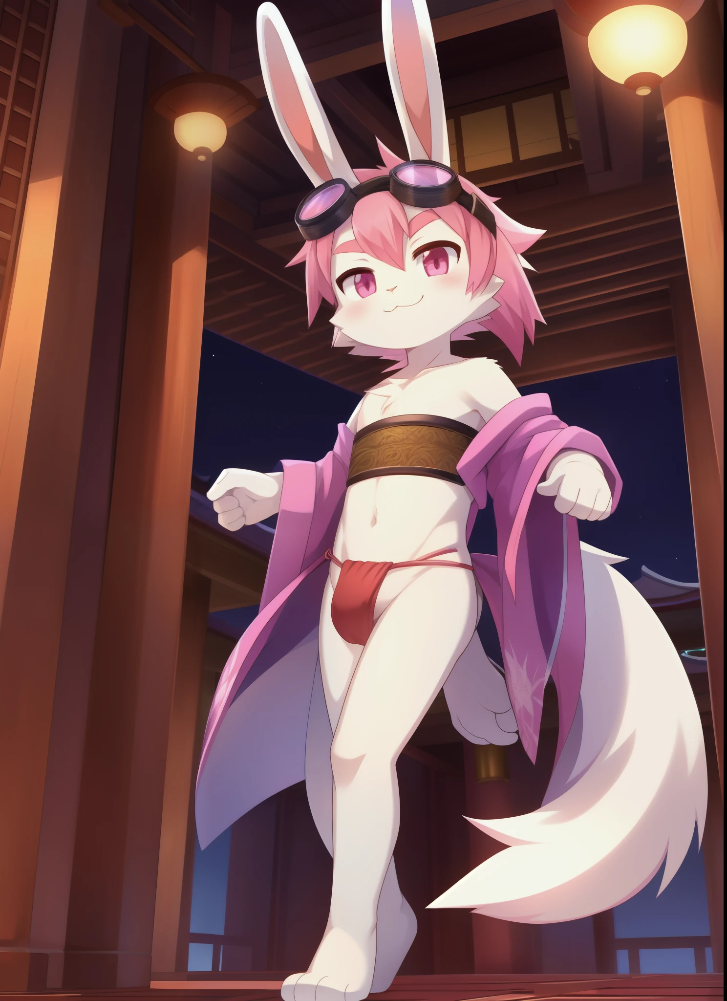 Furry shota, rabbit, long rabbit ears, pink hair, long spiky ponytail, spiky hair, detailed body fur, Pink eyes, purple kimono, open kimono, red fundoshi, goggles, masterpiece, looking at you, white body fur, detailed face, big eyebrows, detailed eyes, detailed body, japanese temple, clear sky, detailed hands, flat body, glistering body, shiny body, skinny, spectacular effects, sassy face, :3, exciting, paws whit three toes, full body,