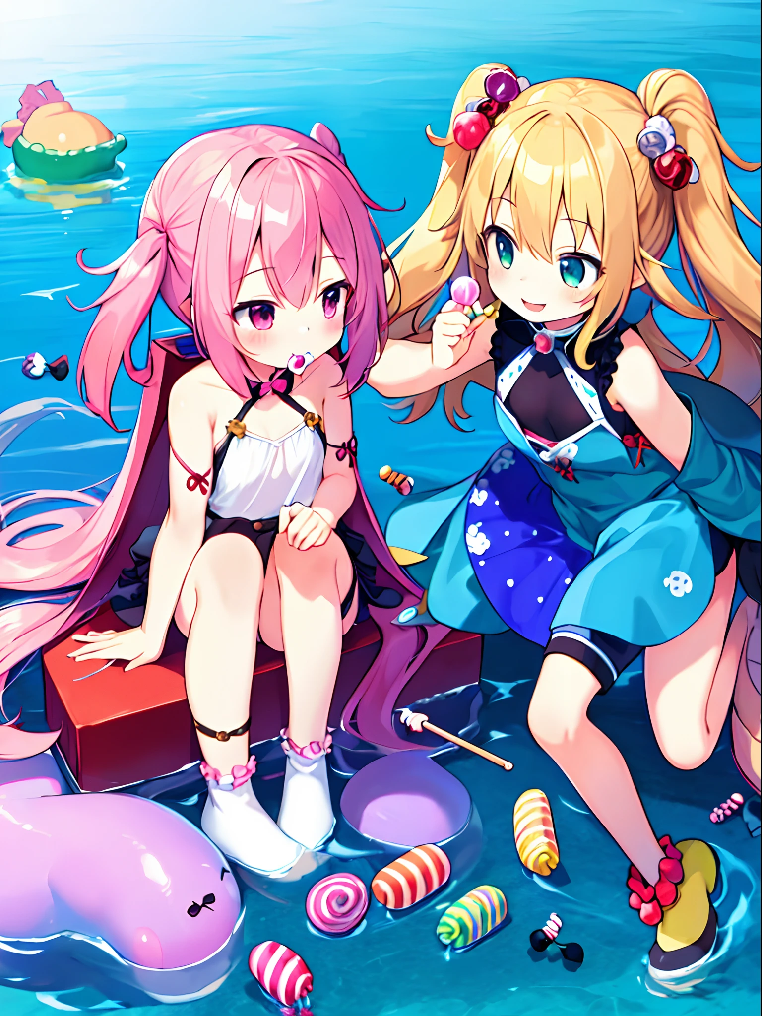 (masterpiece), (2girl), (Candy), (), (kawaii), (looking away), (Happy)