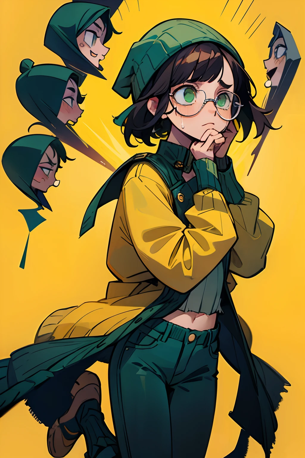 Valorant Killjoy、A dark-haired、Green knitted hat、Yellow jacket、espadrilles、skinny pants、eye glass、girl with、Crying face、lamentation