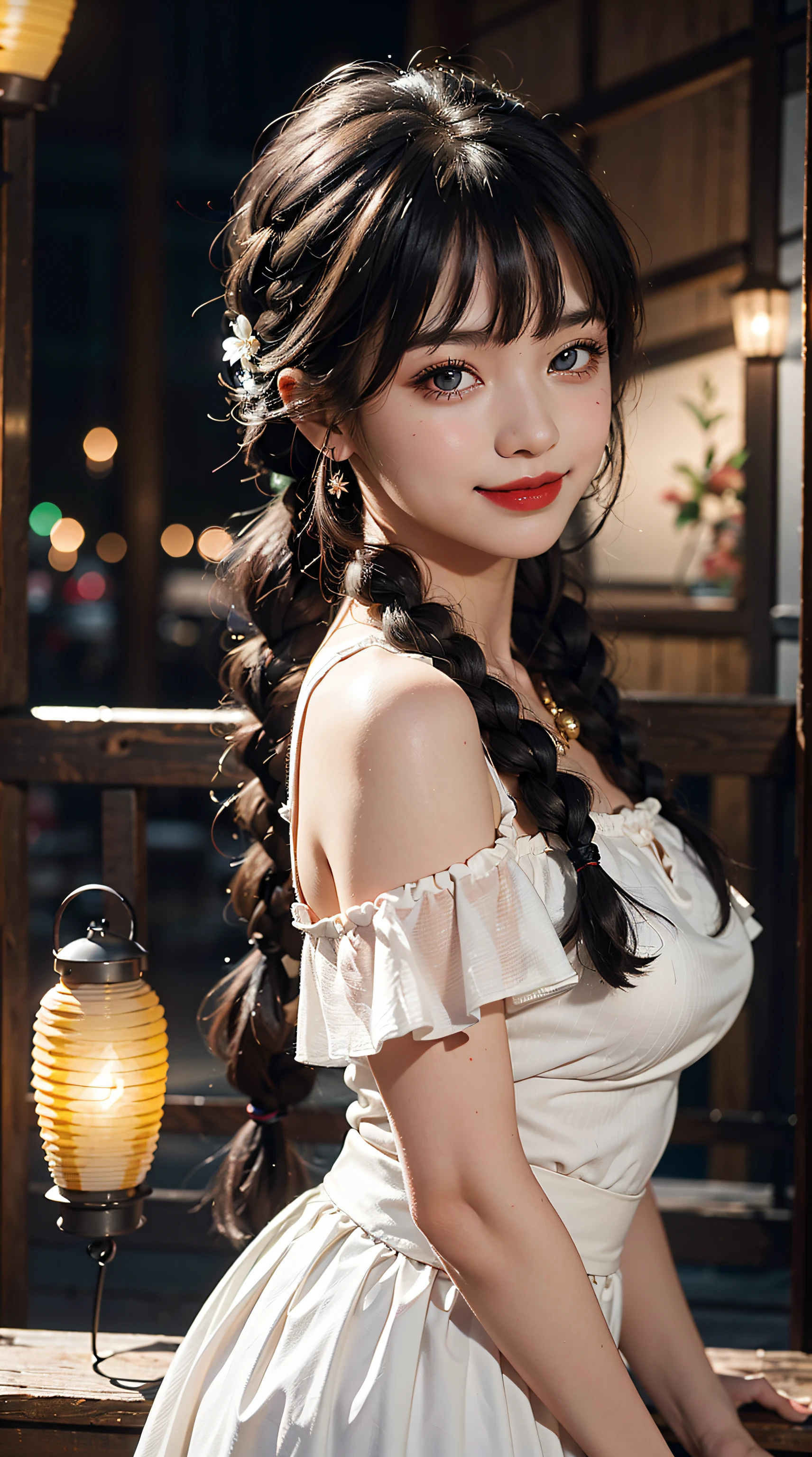 best quality, masterpiece, ultra high res, RAW, 8k, ultra-realistic, young girl, offshoulder, smile, natural light, detailed skin, (black hair:1.4), red lipstick, (Bangs:1.2), ((Lantern-Rite Background)), extremely beautiful eyes, (dark eyes:1.4), long skirt, flower, twin braids, beads