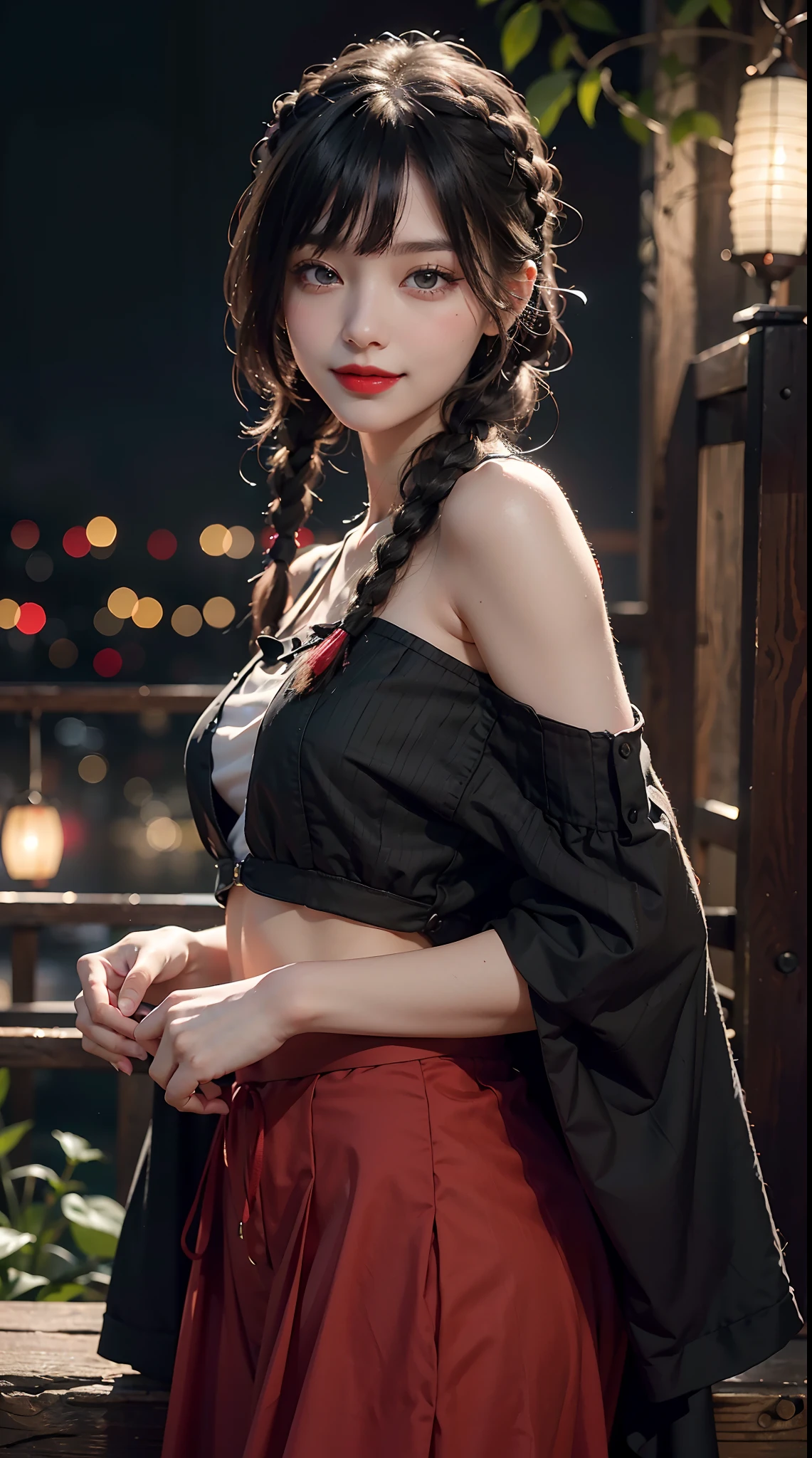 best quality, masterpiece, ultra high res, RAW, 8k, ultra-realistic, young girl, offshoulder, smile, natural light, detailed skin, (black hair:1.4), red lipstick, (Bangs:1.2), ((Lantern-Rite Background)), extremely beautiful eyes, (dark eyes:1.4), long skirt, flower, twin braids, beads