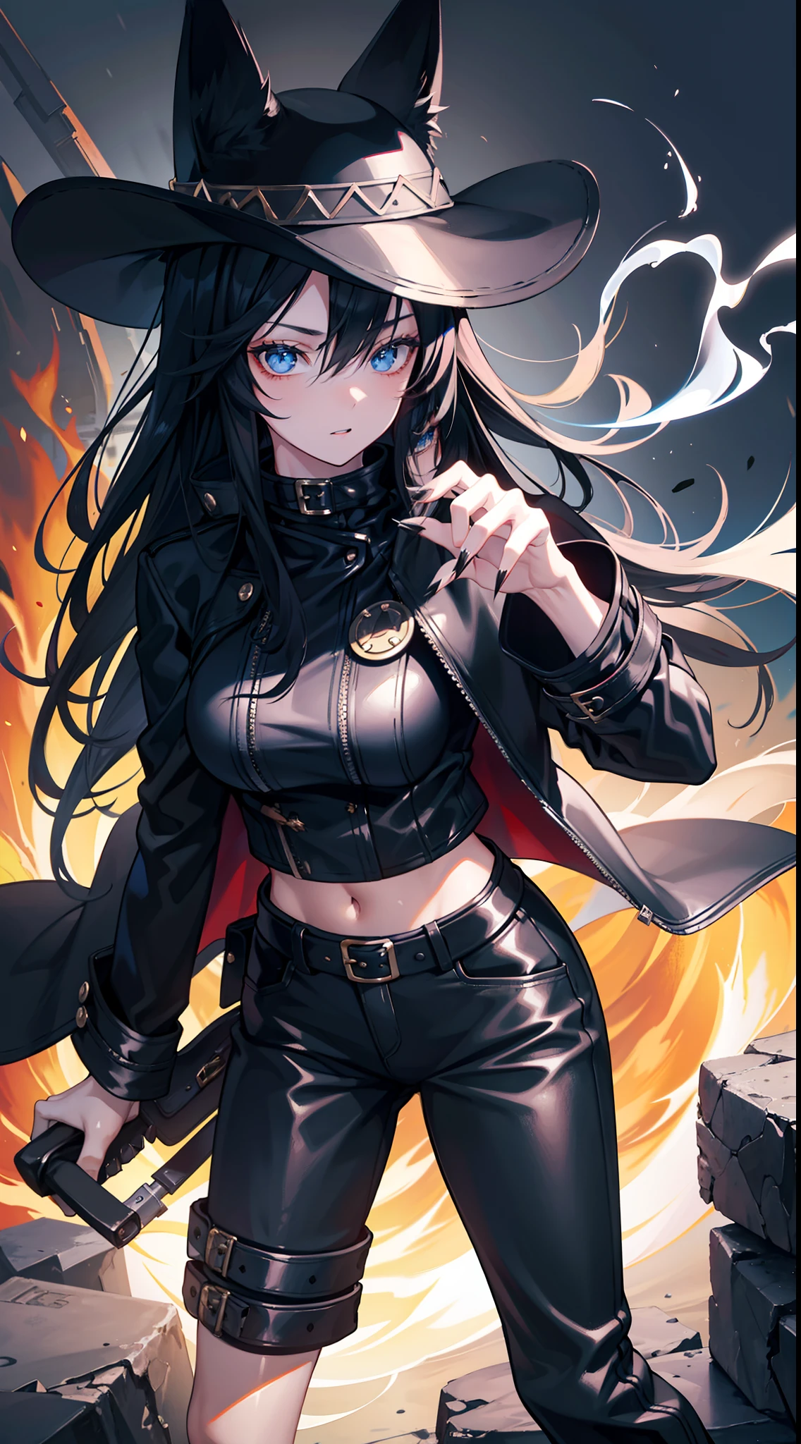 young girl, Long black hair, Fox ears, blue eyes, leather coat, hat, pants, claws, Smoke, Masterpiece, hiquality, 4k, HD, Good detail