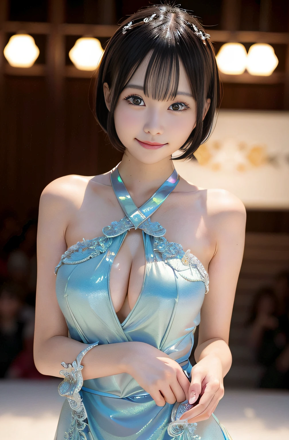 masutepiece, Best Quality, Photorealistic, Raw photo, Digital SLR, Beautiful Japan girl at , shiny fair skin, Realistic beautiful make-up face, Realistic and beautiful bright eyes, Double eyelids, look at viewr, Smiling, The most detailed shiny black short hair and bangs, disheveled hair, slim figure, Slim Face, Slim waist, Big breasts,breasts, cleavage, ((Blidescent , Detailed and intricate design, On stage at a fashion show)), Realistic lighting and shadows, depth of fields, The best delicate and beautiful photos, Ultra High Resolution, 8K UHD Wallpapers,