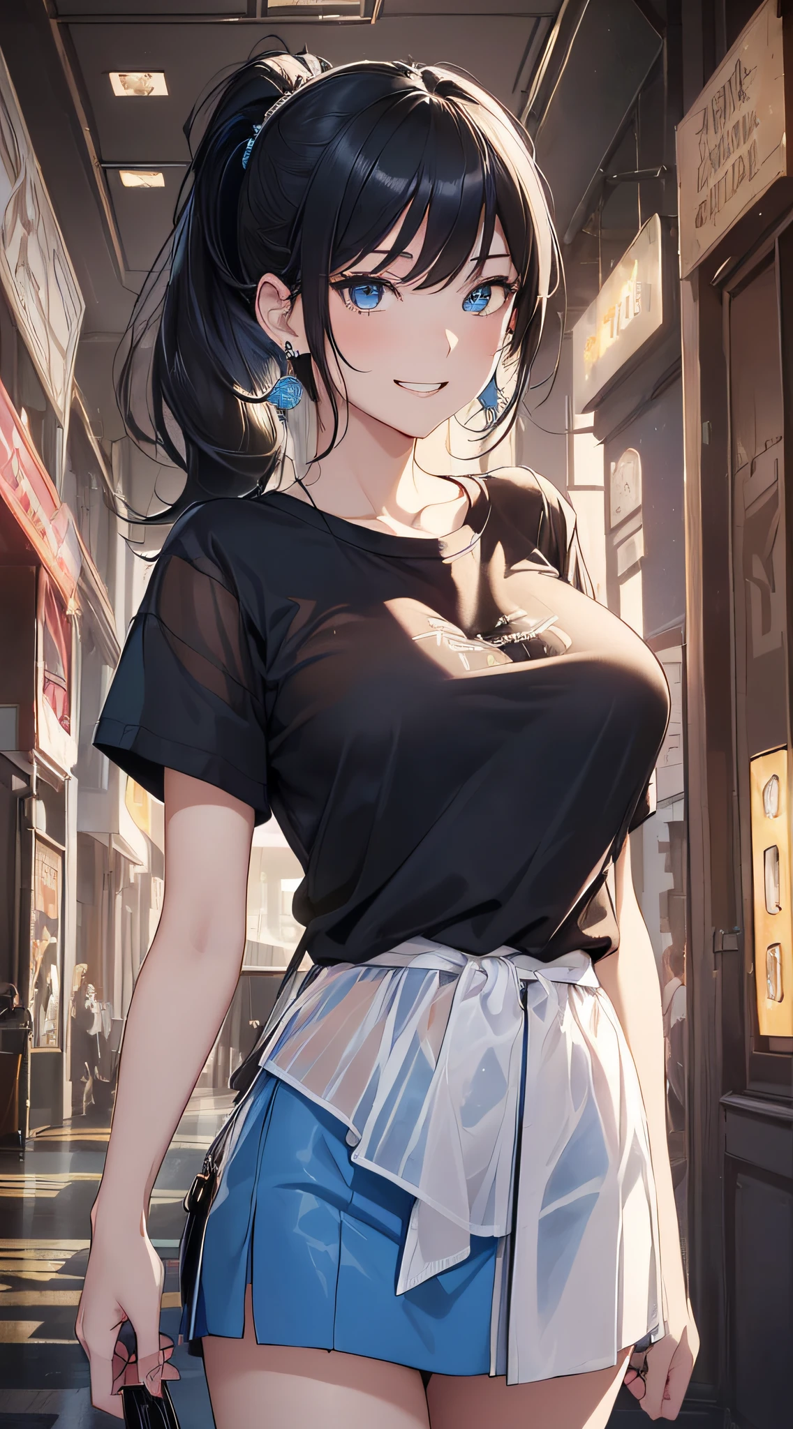 (masterpiece:1.2, top-quality), (realistic, photorealistic:1.4), beautiful illustration, (natural side lighting, movie lighting),
looking away, (face focus, upper body, from below), 1 girl, japanese, high school girl, s old, perfect face, perfect body, cute and symmetrical face, shiny skin, babyface, tiny,
(short hair:1.5, (low ponytail):1.6, long sideburns, light brown hair), asymmetrical bangs, dark blue eyes, big eyes, drooping eyes, (middle breasts, posed cleavage,seductive thighs, big ass),
beautiful hair, beautiful face, beautiful detailed eyes, beautiful clavicle, beautiful body, beautiful chest, beautiful thigh, beautiful legs, beautiful fingers,
(((off-shoulder pink dress sweater), sleeveless black turtleneck sweater, brown tight mini skirt, ), emerald green hair ribbon),
(beautiful scenery), evening, (street), standing, (lovely smile, upper eyes, open mouth), (with sparkling eyes and a contagious smile:1.2),looking at Viewer,