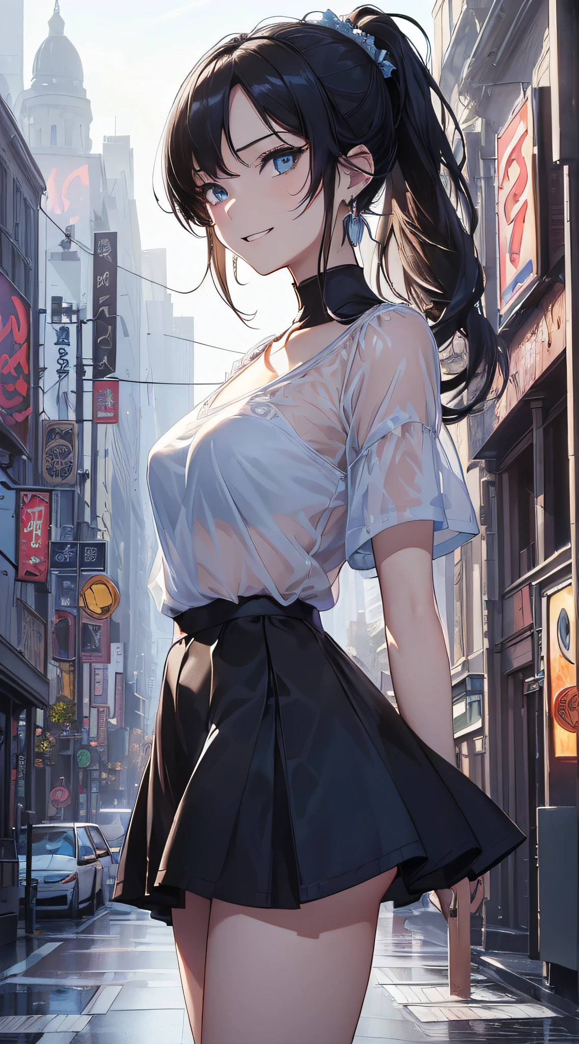 top-quality、Top image quality、masterpiece、girl with((18year old、Best Bust、Medium bust、Bust 85,Beautiful blue eyes、Breasts wide open,Black Short Sleeve T-Shirt、White see-through、Black short skirt、Ponytail with black hair、grin、Fashionable bags、Beautiful blue earrings、Emphasis on the buttocks))hiquality、Beautiful Art、Background with((movie theatre)),masutepiece、Elaborate design、visualart、depth of fields、The best lighting、highestdetailed、
