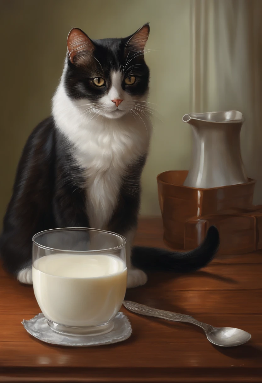 There was a cat sitting next to a glass of milk, cat drinking milk, Illustration of 1 cat, Ultra-Realistic Illustrations, Ultra-Realistic Illustrations, Hyper-realistic illustration, A cat. Realistic painting, author:Wayne England, Realistic illustration, Ultra-Realistic Illustrations, Portrait, Close portrait, Award-winning surrealism, author:Lisa Mirroy, by Galen Dara
