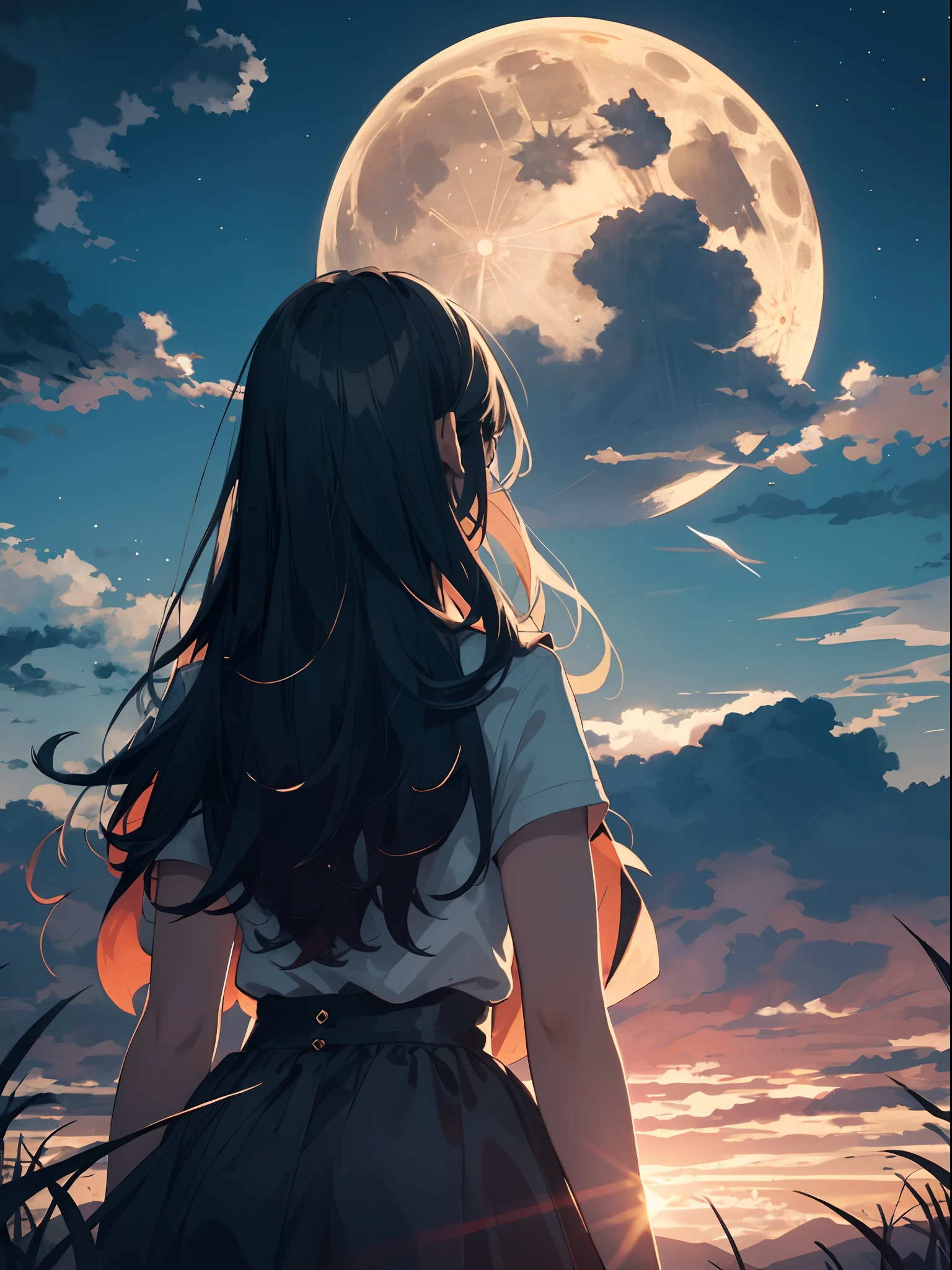 Masterpiece, best quality, night, hills, clouds, full moon, long hair, woman, silhouette, firefly.