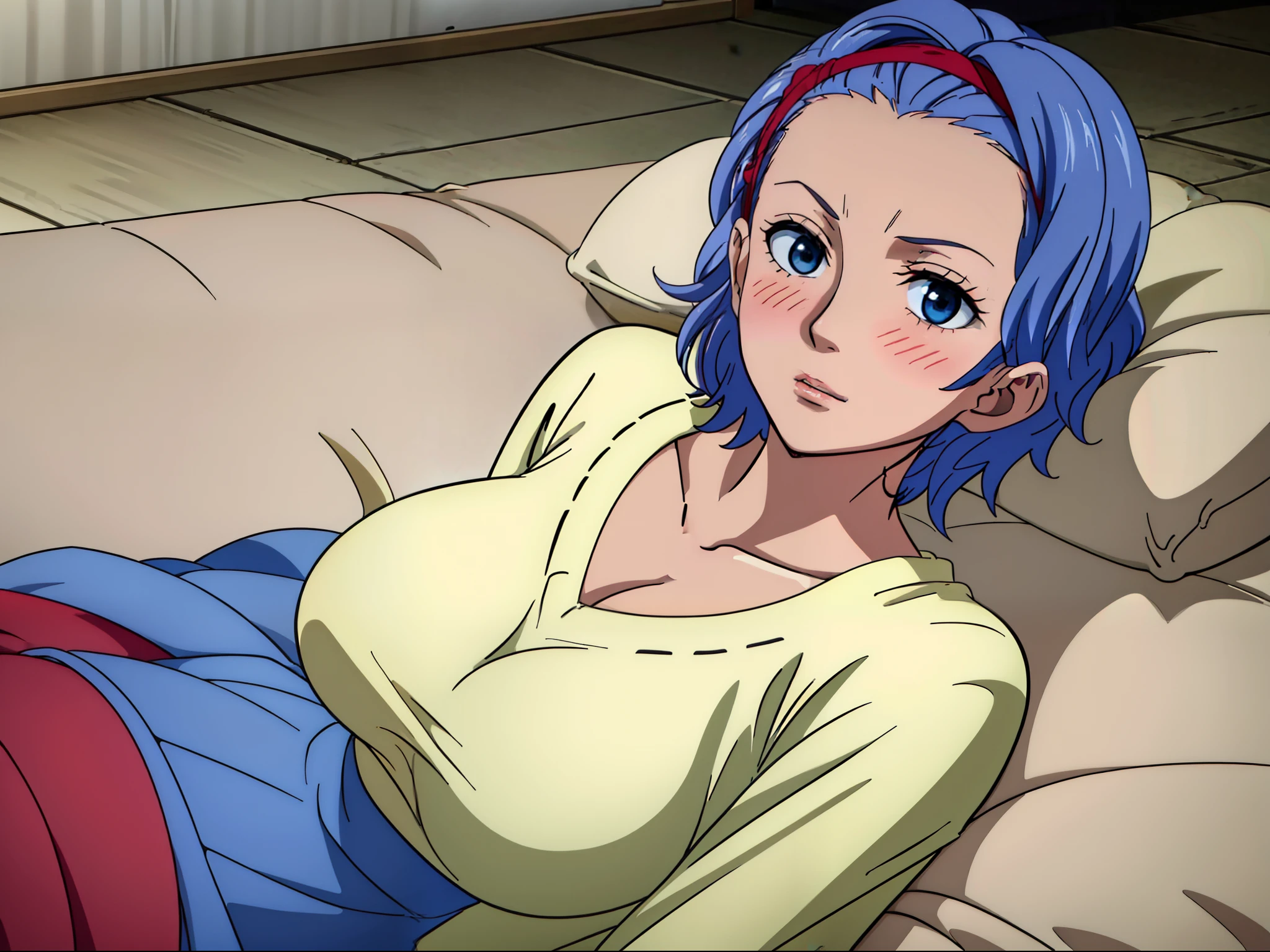 tmasterpiece, hoang lap , (Complicated details),(rich colourful), 电影灯光, the Extremely Detailed CG Unity 8K Wallpapers , 1girll, 独奏,(onbed,Lie down in bed,sexyposture,Superskirt,Bigboobs, ),((perspire,Be red in the face,Blush:1.5)),Particularly heavy blush,looking down on the camera,blue hairs,Jumpy,lusting,Open lips,clothes tug, skirt tug,dress tug, shirt pulling,Sweater labels,Wind,wind lift,Expectant eyes