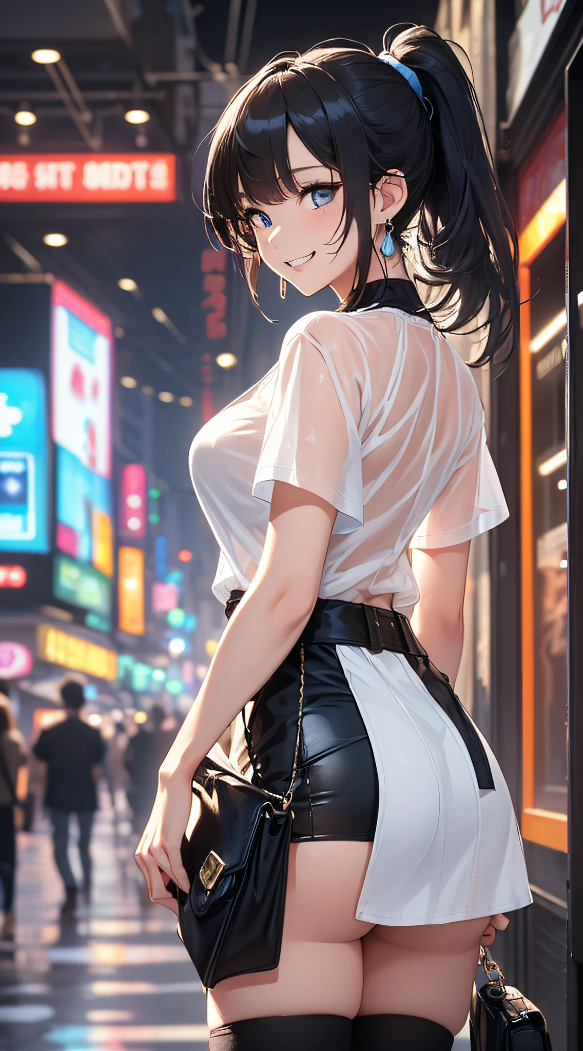 top-quality、Top image quality、​masterpiece、girl with((18year old、Best Bust、Medium bust、Bust 85,Beautiful blue eyes、Breasts wide open,Black Short Sleeve T-Shirt、White see-through、Black short skirt、Ponytail with black hair、grin、Fashionable bags、Beautiful blue earrings、emphasis on the buttocks、A slender、Height 175cm,Rear view、bending forward)）hiquality、Beautiful Art、Background with((movie theatre)),masutepiece、Elaborate design、visualart、depth of fields、The best lighting、highestdetailed、
