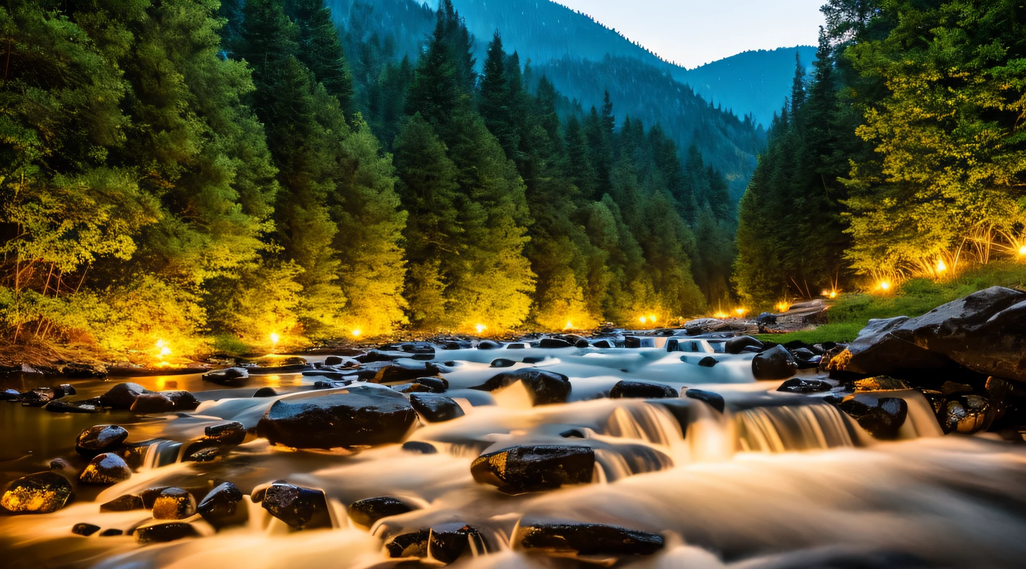 Create a beautiful scenery with many fireflies flying around the mountain stream as the sun goes down and it is getting dark、, f/16, 35mm, UHD, retina, masterpiece, ccurate, super detail, high details, high quality, award winning, best quality, highres, 1080P, HD, 4K