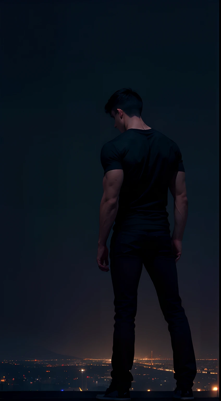 1boy, a tall muscular guy, standing on the top of a building, standing in a dark place, wearing tshirt, looking at beautiful night city, at night, beautiful city view, fog and electricity environment, back side view, standing in dark place