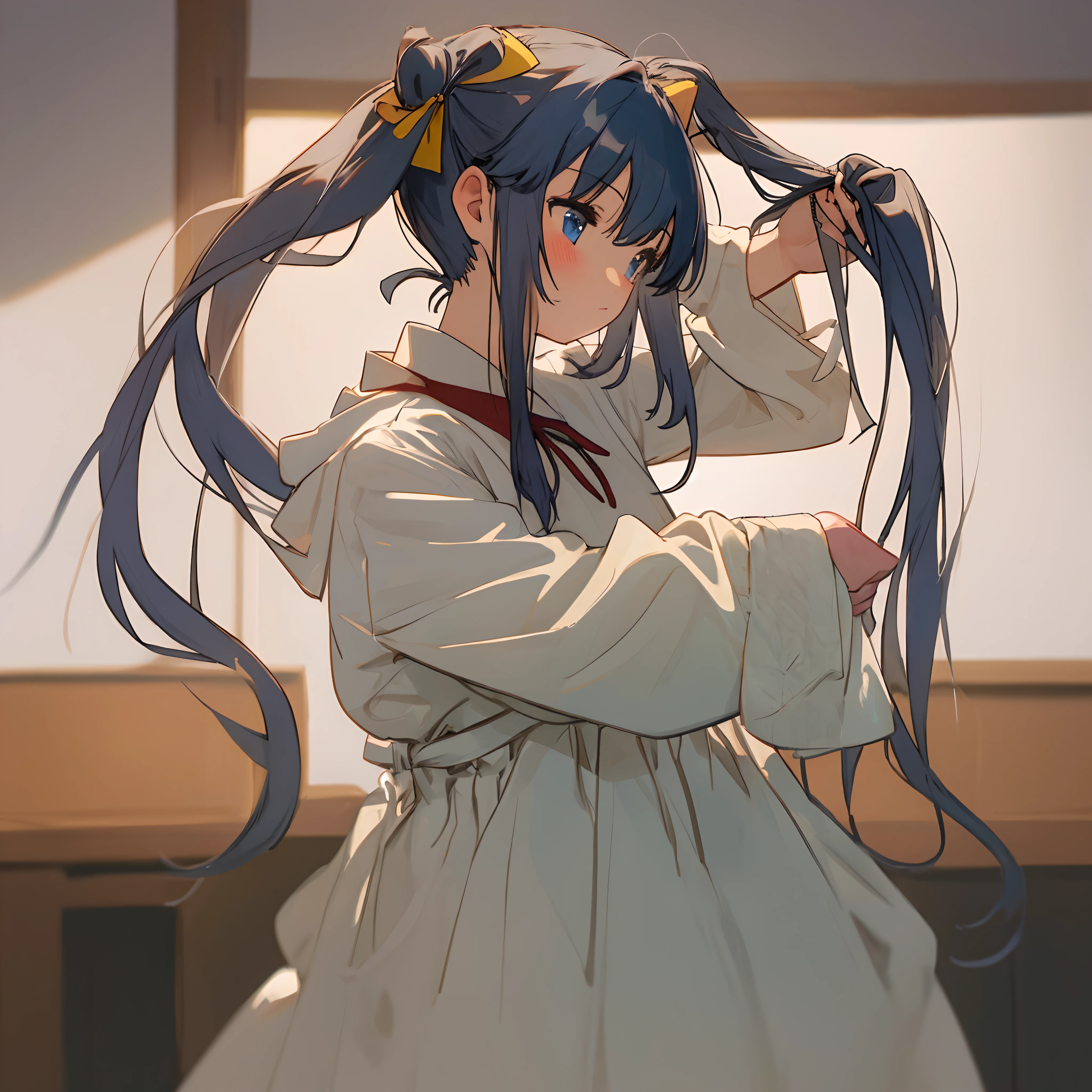 Twin-tailed Girl tying hair animesque illustratio