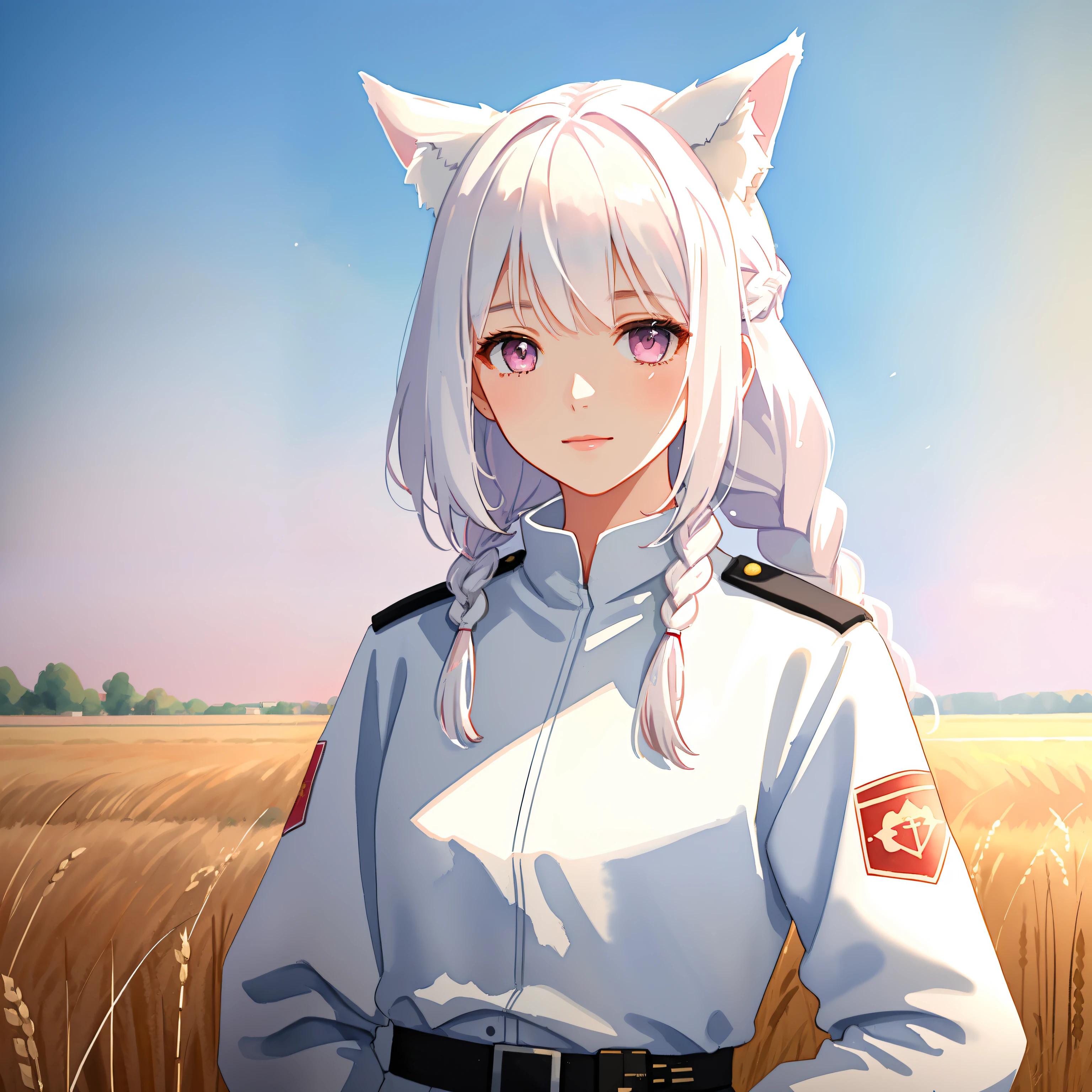 Female, petite, young adult, pink eyes, white hair, braid, white military trenchcoat, black jumpsuit, communist, (watercolor painting), high resolution, best quality, shadows, soft lights, impasto impressionism, (linear art), ((wheat field)), (((very detailed))), slight smile, white officer cap, only fox ears