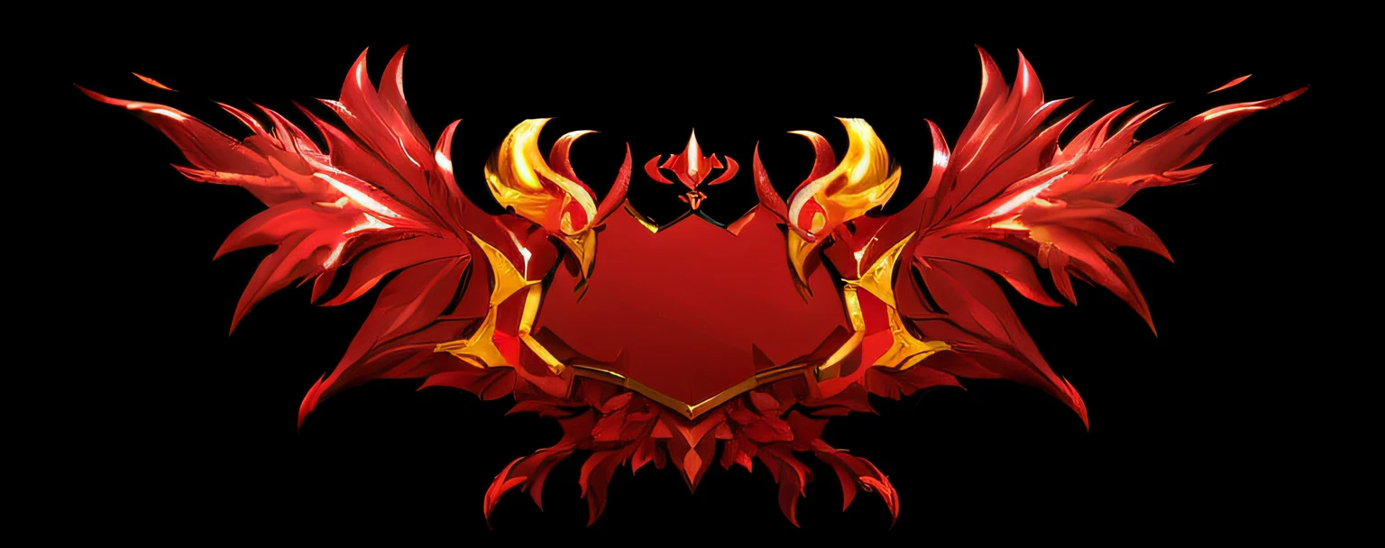 There are red and yellow badges,Wings on black background, Hellfire background, ornate with fiery explosions, Red demon armor, Symmetrical wings,feater, ornate supreme demon overlord, background artwork, ornate border + concept-art, Demanding design, fire demon, shield design, red banners, ruler of inferno, crimson fire head, fantasy shield, theelementoffire