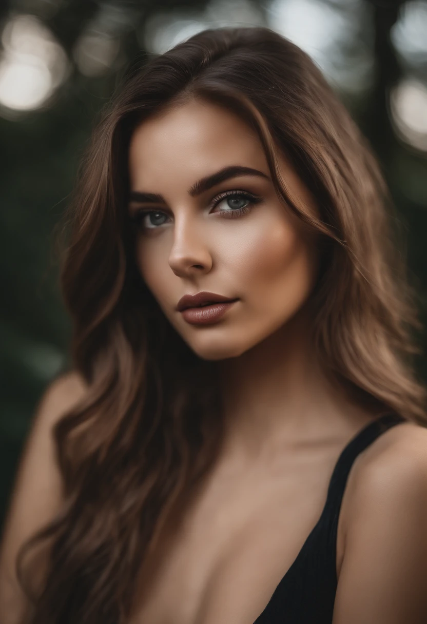arafed woman with, sexy girl with brown eyes, portrait sophie mudd, brown hair and large eyes, gigantic breasts, selfie of a young woman, bedroom eyes, violet myers, black shirt, covering breast, natural makeup, looking directly at the camera, face with art gram, subtle makeup, stunning full-face shot, in nature, cleavage, ultra realistic