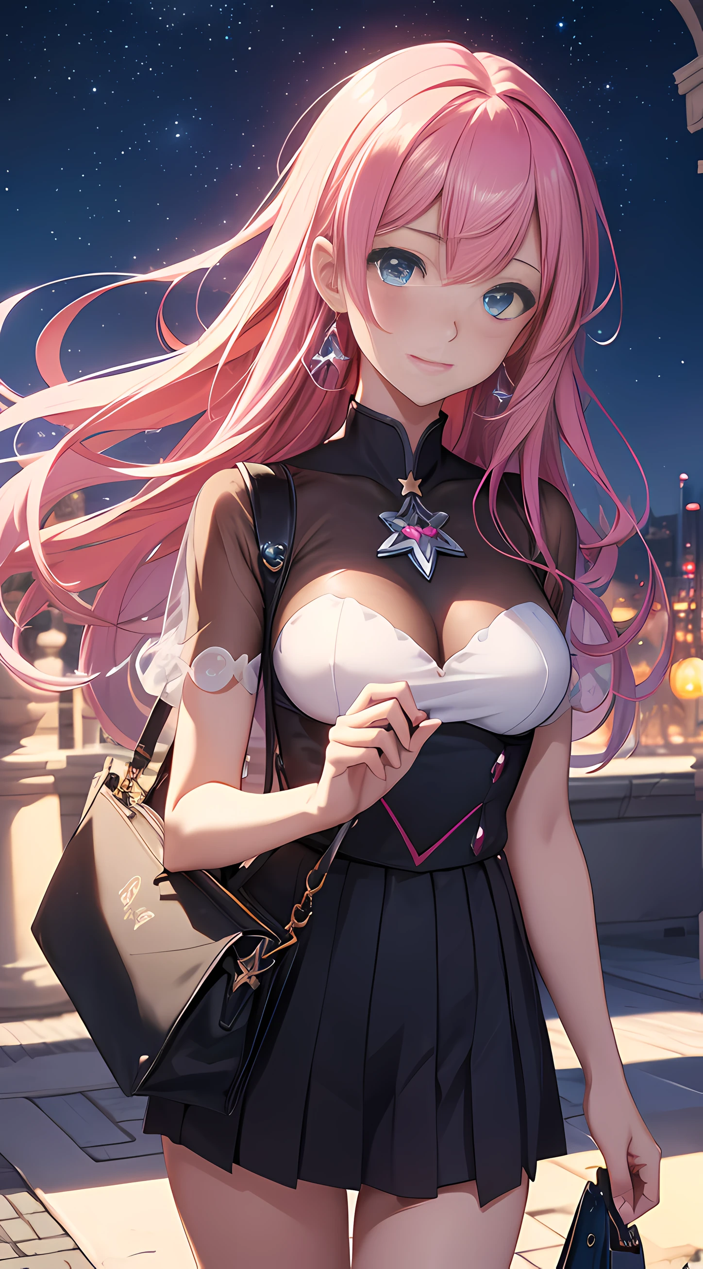 Holding a sword in his hand、Anime girl with stars on background, magical girl anime mahou shojo, nffsw, anime style like fate/Stay Night, macross delta splash art, visual novel cg, High quality anime art style, yandere, macross delta, shoujo romance, Anime Art Style, ; visual novel, anime moe art style, top-quality, Top image quality, ​masterpiece, girl with((18year old, Best Bust, Medium bust, Bust 85, Beautiful blue eyes, Breasts wide open, Black Short Sleeve T-Shirt, White see-through, Black short skirt, grin, Fashionable bags, Beautiful blue earrings)), hiquality, Beautiful Art, Background with((Fashionable city, movie theatre)), masutepiece, Elaborate design, visualart, depth of fields, The best lighting, highestdetailed