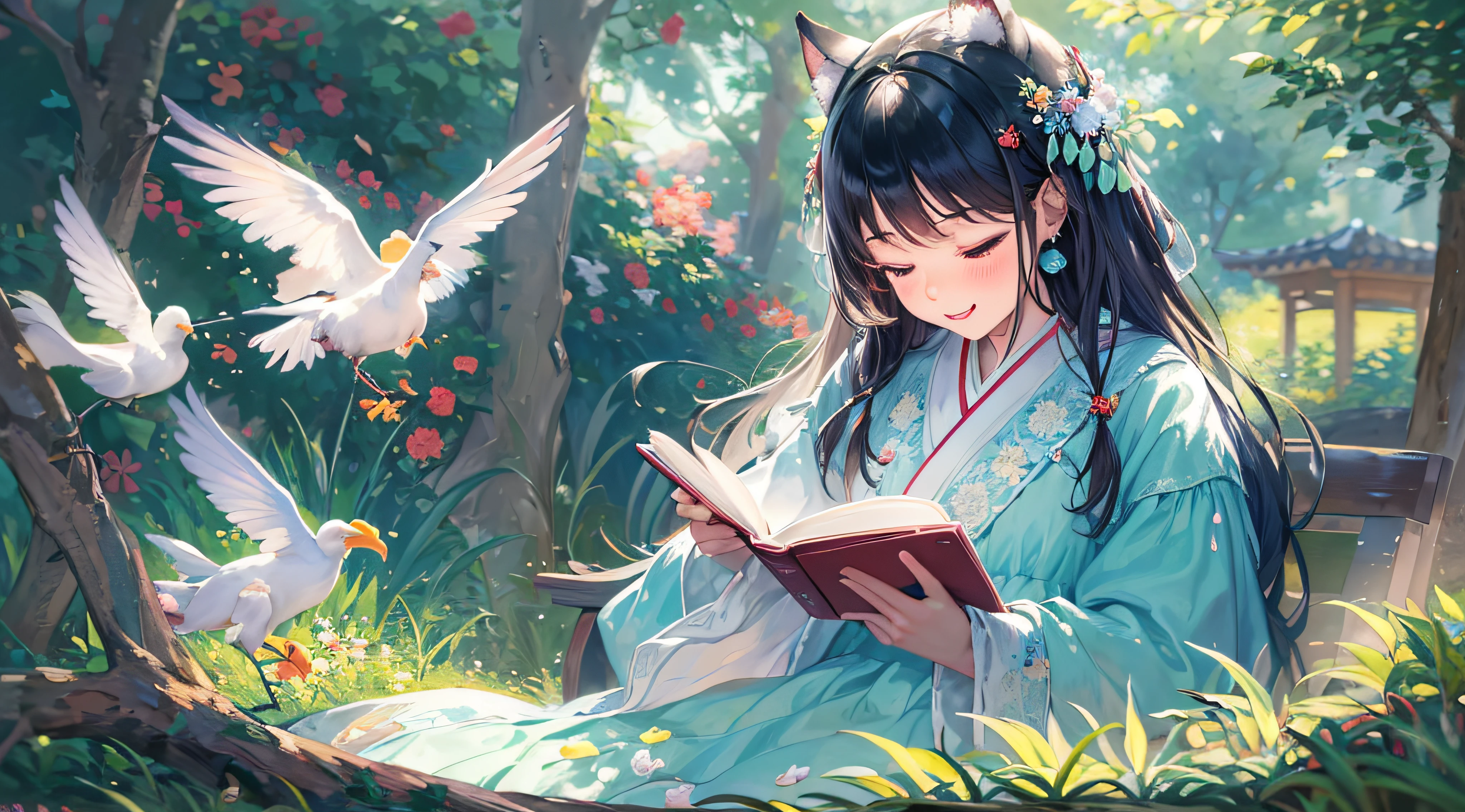 Black hair, hair bobbles, wince, long eyelasher, solid circle eyes, Fake animal ears, Light smile, Ear blush, Fang, surrealism, shadowing, anaglyph, stereograms, tachi-e, angle of view, Atmospheric perspective, Monet, Monet, 8K, Super detail, ccurate, Best quality, A high resolution, In the small cluck, Quiet park,A young woman sits on a bench reading a book。She wore a light blue dress,Long hair casually draped over the shoulders。The sun shone on her through the gaps between the leaves,Make her look more beautiful and moving。