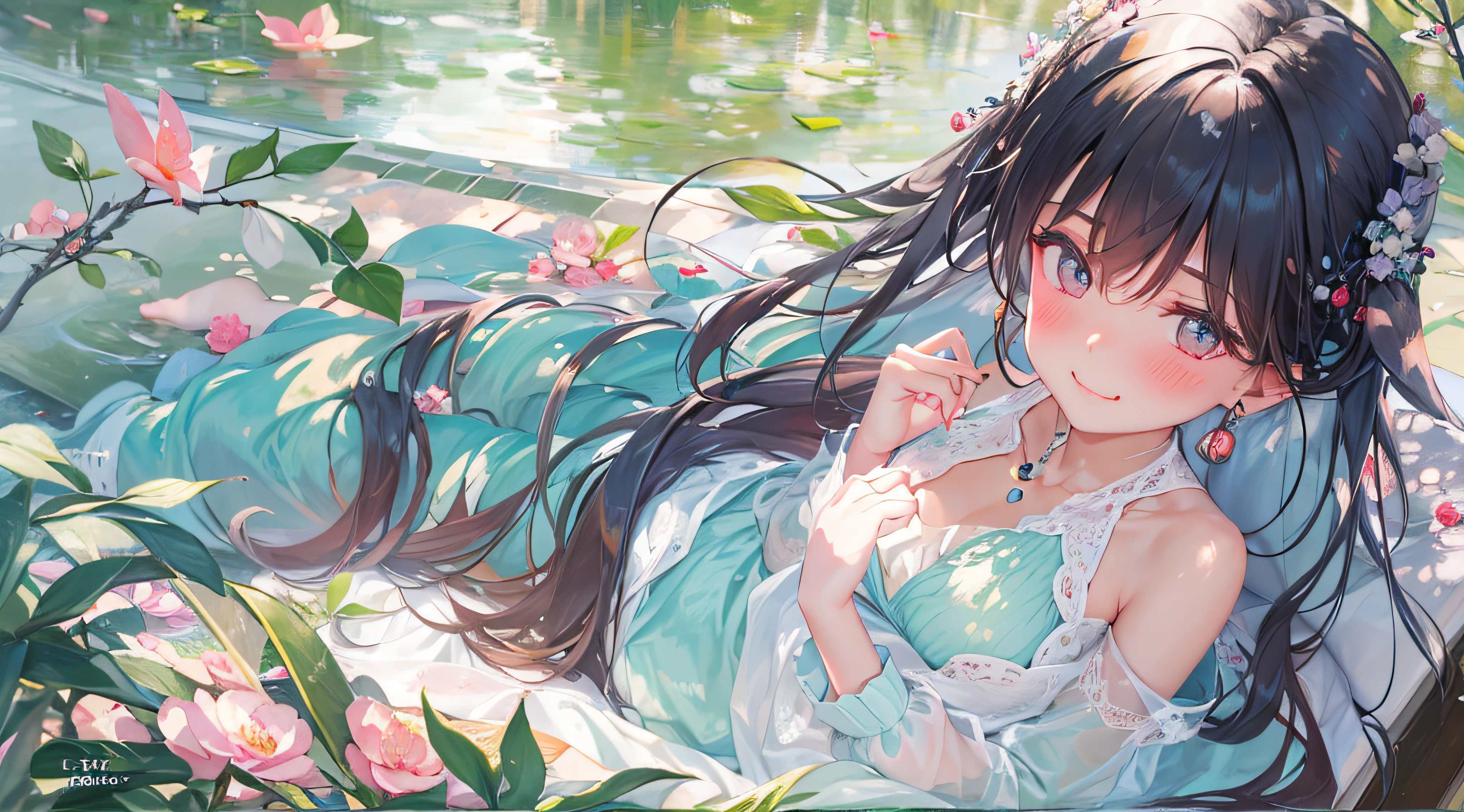 Black hair, hair bobbles, wince, long eyelasher, solid circle eyes, Fake animal ears, Light smile, Ear blush, Fang, surrealism, shadowing, anaglyph, stereograms, tachi-e, angle of view, Atmospheric perspective, Monet, Monet, 8K, Super detail, ccurate, Best quality, A high resolution, In the small cluck, Quiet park,A young woman sits on a bench reading a book。She wore a light blue dress,Long hair casually draped over the shoulders。The sun shone on her through the gaps between the leaves,Make her look more beautiful and moving。