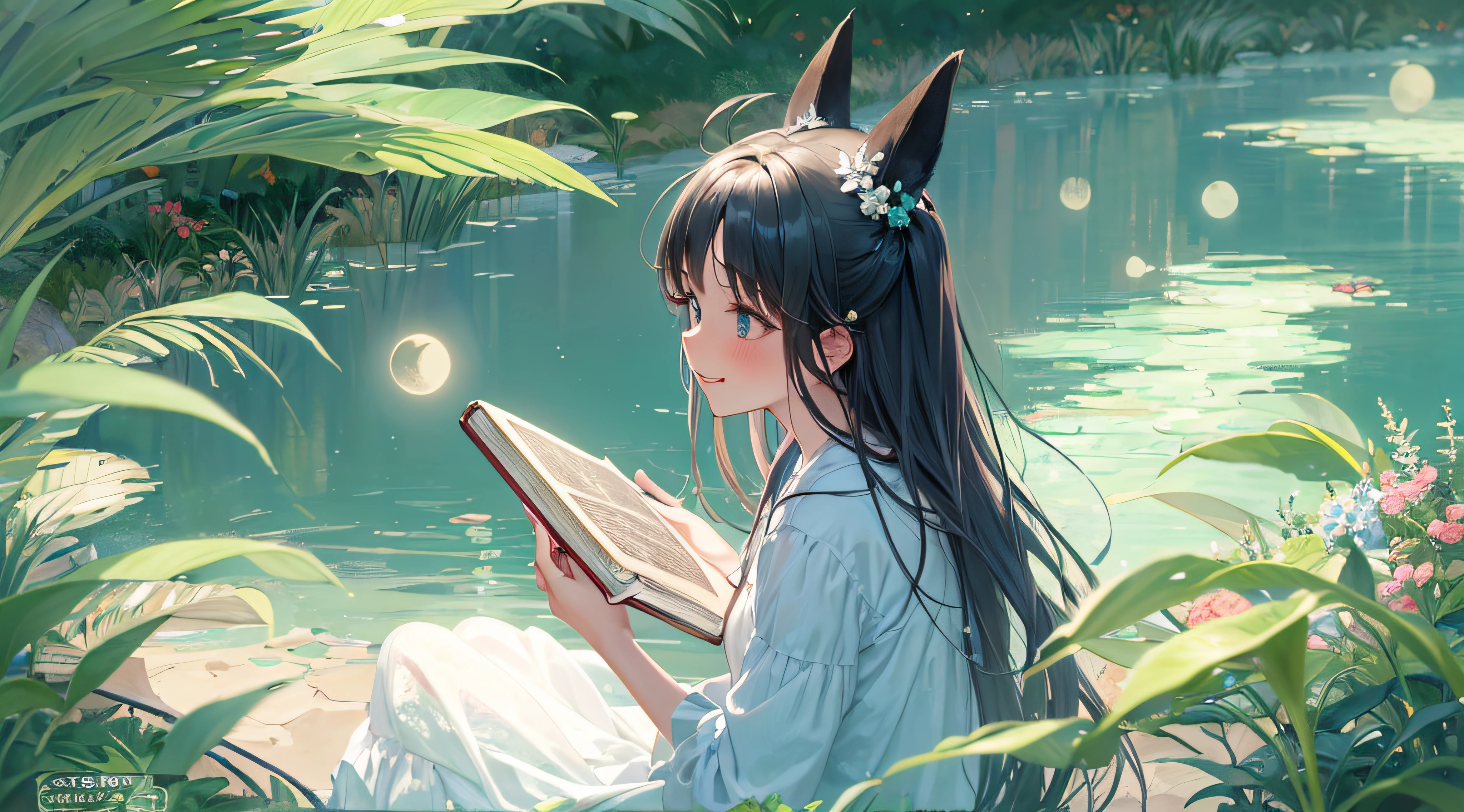 Black hair, hair bobbles, wince, long eyelasher, solid circle eyes, Fake animal ears, Light smile, Ear blush, Fang, surrealism, shadowing, anaglyph, stereograms, tachi-e, angle of view, Atmospheric perspective, Monet, Monet, 8K, Super detail, ccurate, Best quality, A high resolution, In the small cluck, Quiet park,A young woman sits on a bench reading a book。She wore a light blue dress,Long hair casually draped over the shoulders。The sun shone on her through the gaps between the leaves,Make her look more beautiful and moving。